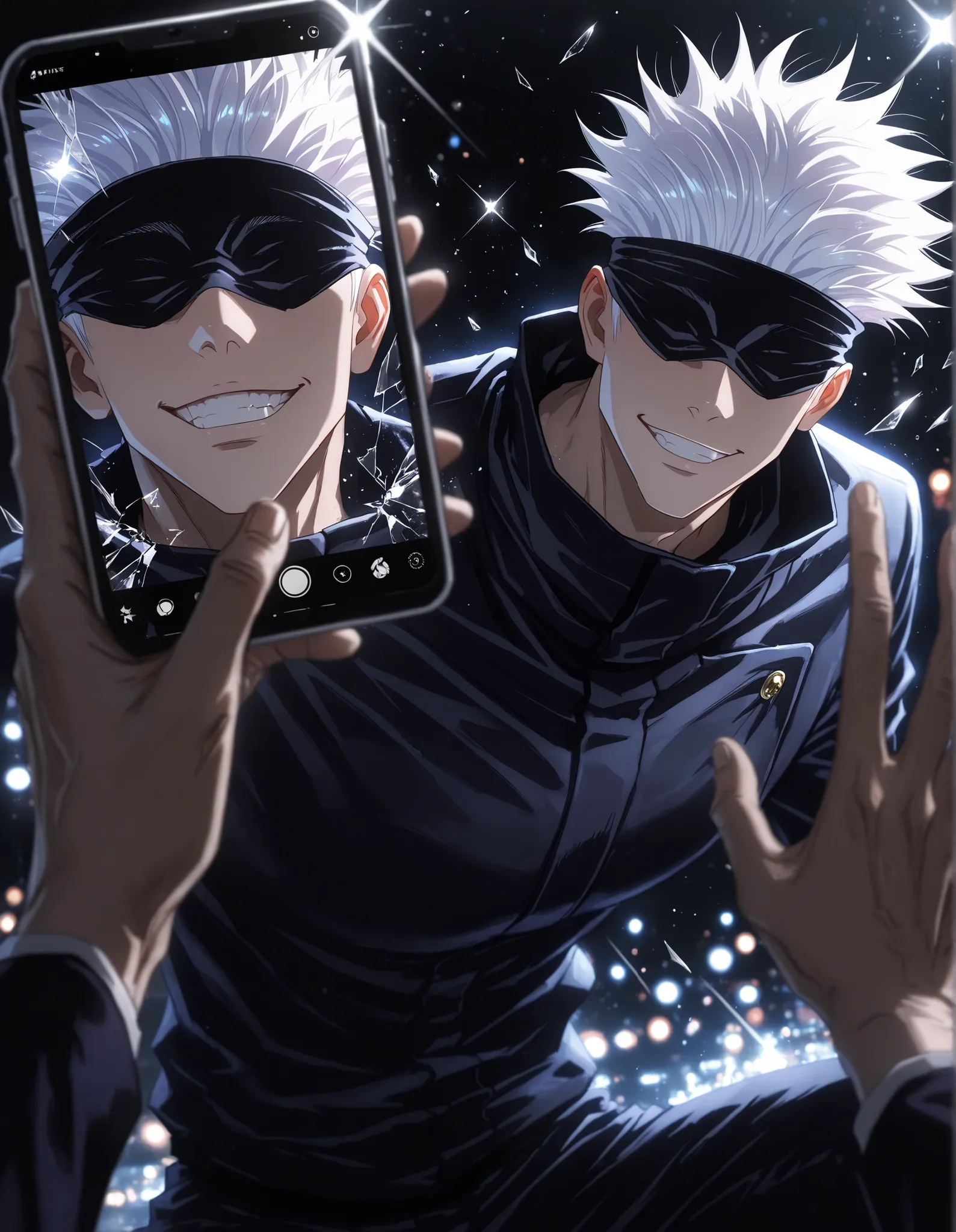 1man, adult, male focus, gojou satoru, jujutsu kaisen, white hair, short hair, black blindfold, muscular male, sexy man, handsome man, handsome face, mature, jujutsu tech uniform, black jacket, black pants, lehnt sich nach vorn durch den telefonbildschirm...