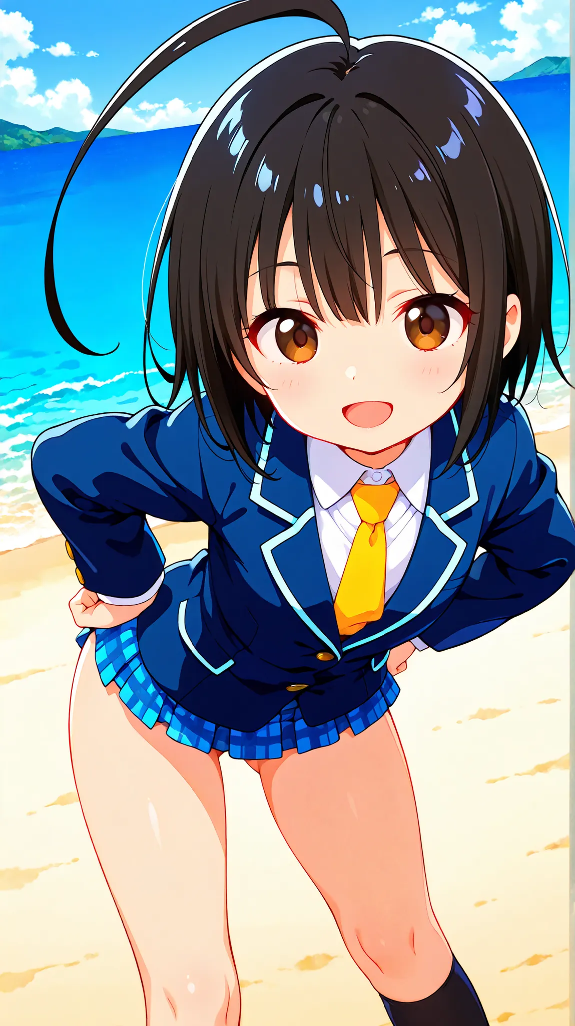 nsfw,((anime style)),score_9, score_8_up, score_7_up,masterpiece, best quality,ultra detail,(((beach))),huge ahoge, negishi masako , 1girl , ((solo)),short hair,black hair ,long bangs,brown eyes,(Flat Chest),school uniform,(((blue blazer))),light blue chec...