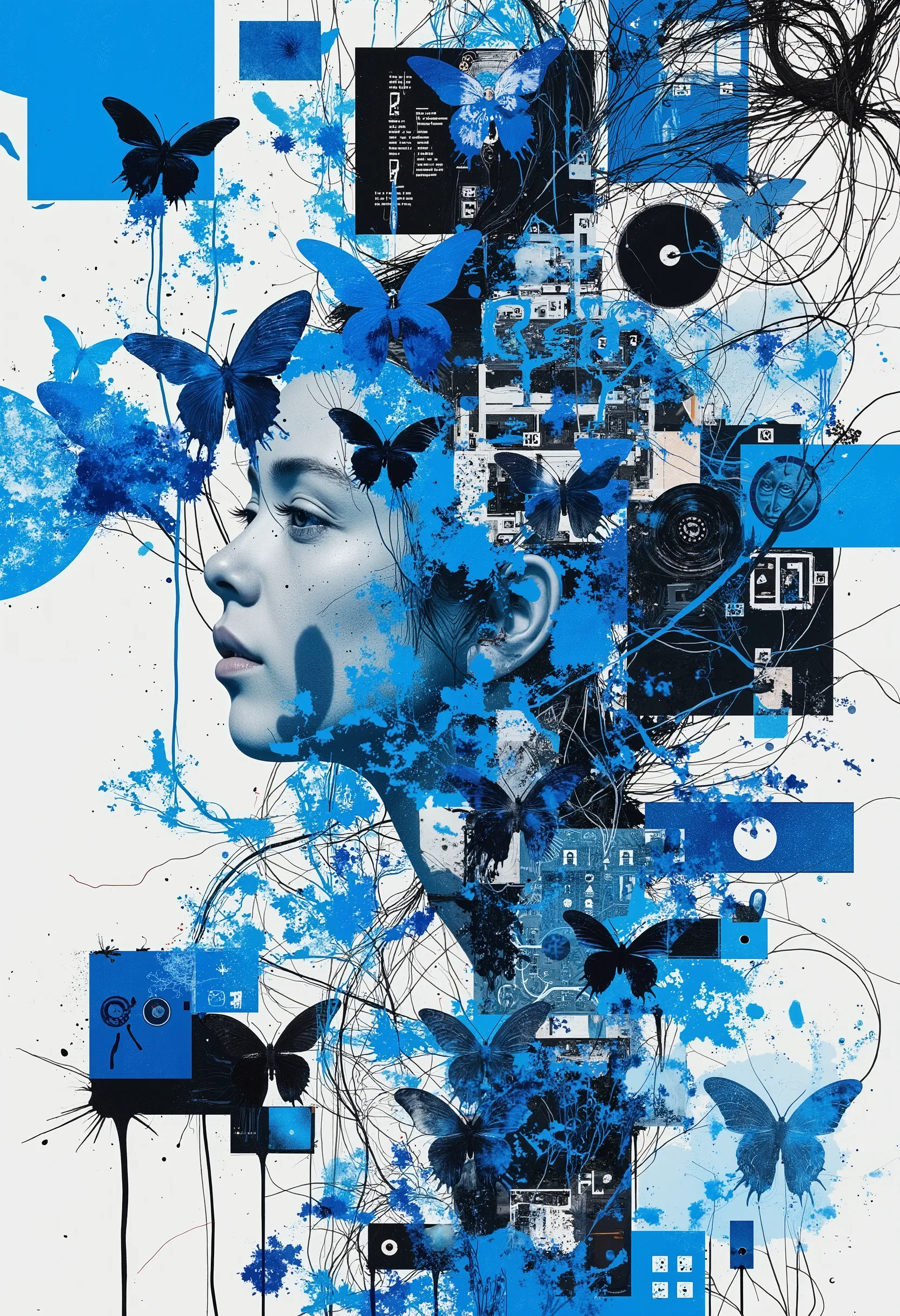 Mad Scientist's Mad Woman ,A woman said " I'm Electric Signals "Detailed lines 、blue,White, surreal collage、a contemporary artistic collage、 collage artwork, New Album Jacket, Great Job !!! ,digital collage,( collage ), collage art、contemporary c...