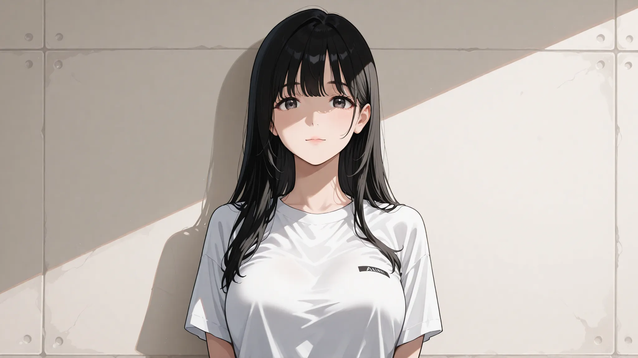 masterpiece,Woman,tareme, black straight hair,detail eyes,t shirt,jeans,upper body,looking at viewer,front view,アニメ風、高精細