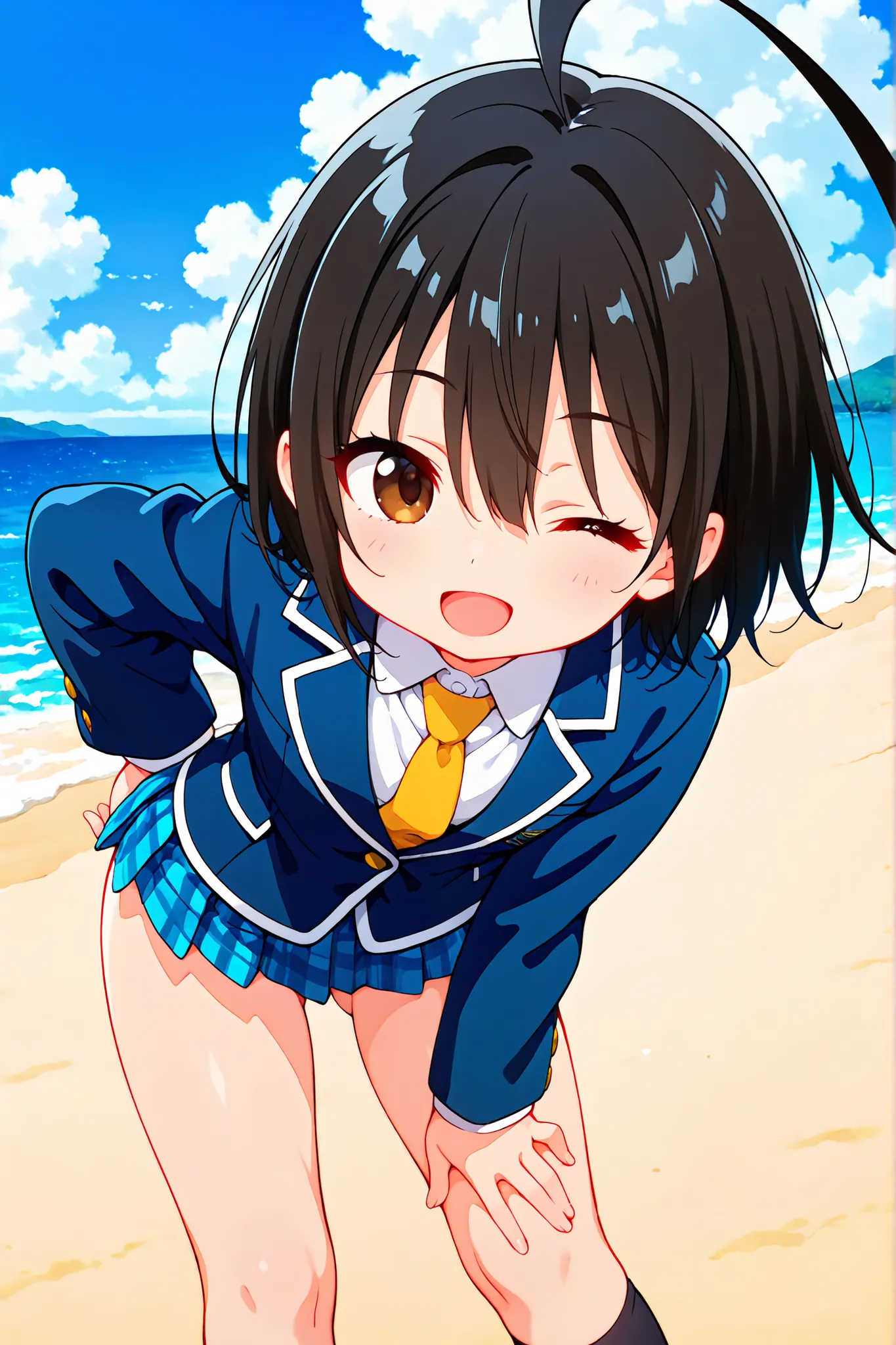 nsfw,((anime style)),score_9, score_8_up, score_7_up,masterpiece, best quality,ultra detail,(((beach))),huge ahoge, negishi masako , 1girl , ((solo)),short hair,black hair ,long bangs,brown eyes,(Flat Chest),school uniform,(((blue blazer))),light blue chec...