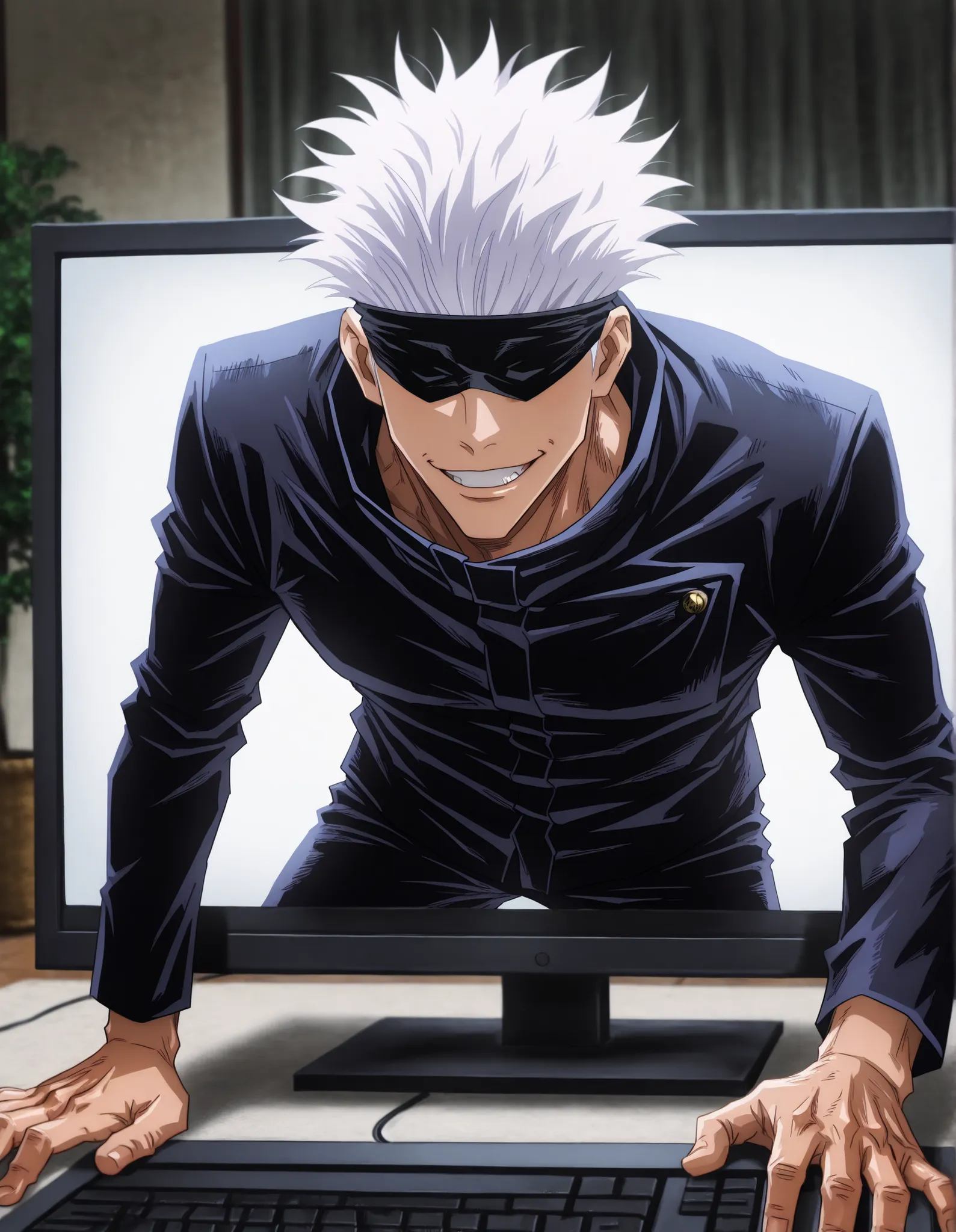 1man, adult, male focus, gojou satoru, jujutsu kaisen, white hair, short hair, black blindfold,  muscular male, sexy man, handsome man, handsome face, mature, jujutsu tech uniform, black jacket, black pants,  through screen, grin, coming out of the compute...