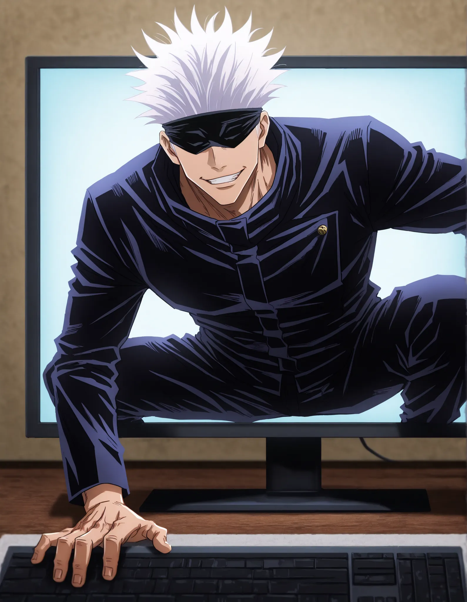 1man, adult, male focus, gojou satoru, jujutsu kaisen, white hair, short hair, black blindfold,  muscular male, sexy man, handsome man, handsome face, mature, jujutsu tech uniform, black jacket, black pants,  through screen, grin, coming out of the compute...