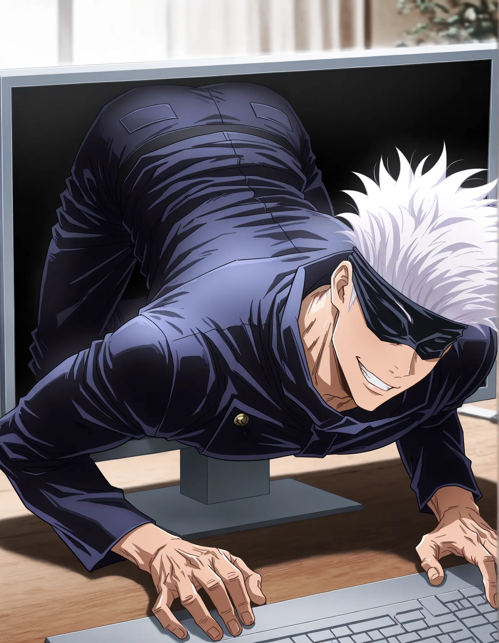 1man, adult, male focus, gojou satoru, jujutsu kaisen, white hair, short hair, black blindfold,  muscular male, sexy man, handsome man, handsome face, mature, jujutsu tech uniform, black jacket, black pants,  through screen, grin, coming out of the compute...