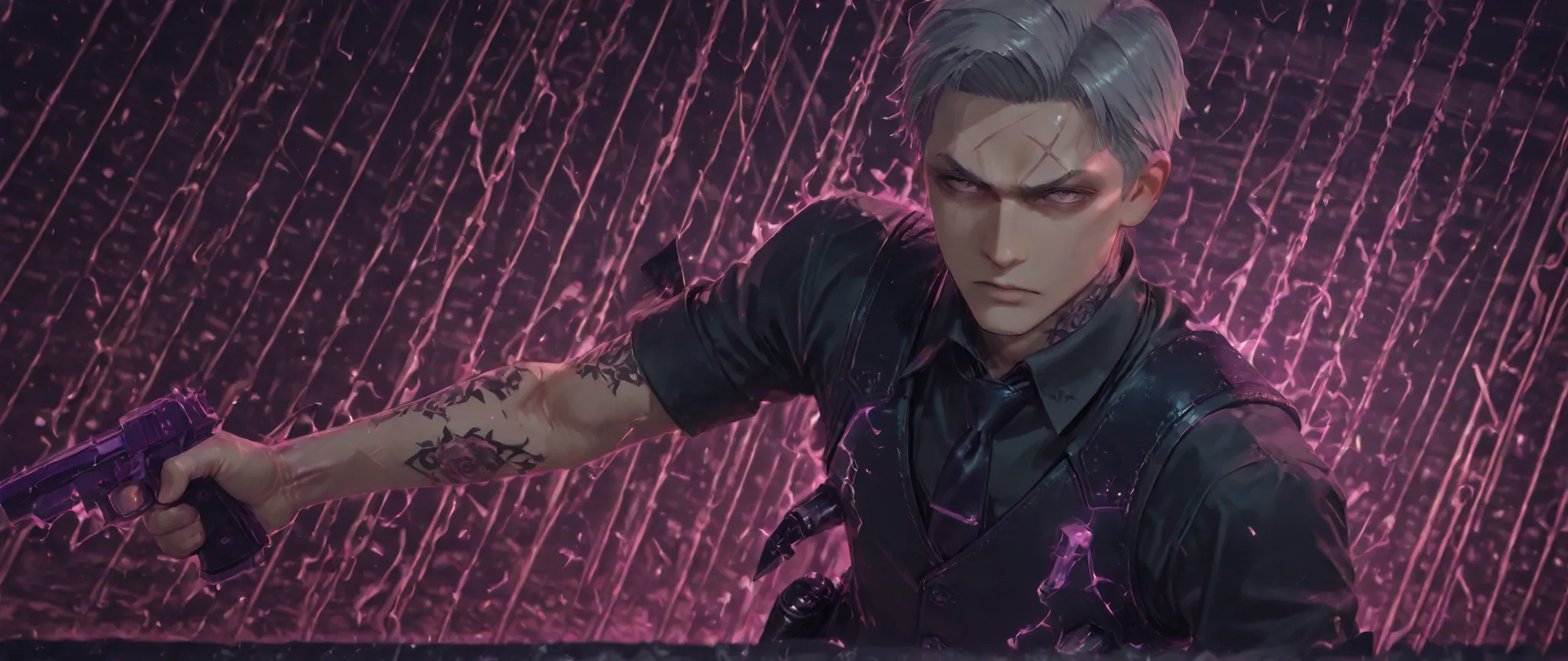 score_9, score_8_up, score_7_up, source_anime, source_explicit
shadowmidas, 1boy, solo, tattoo, necktie, grey hair, vest, black shirt, scar, purple glow ,dramatic angle, pistol, dramatic angle, dramatic pose, wide angle