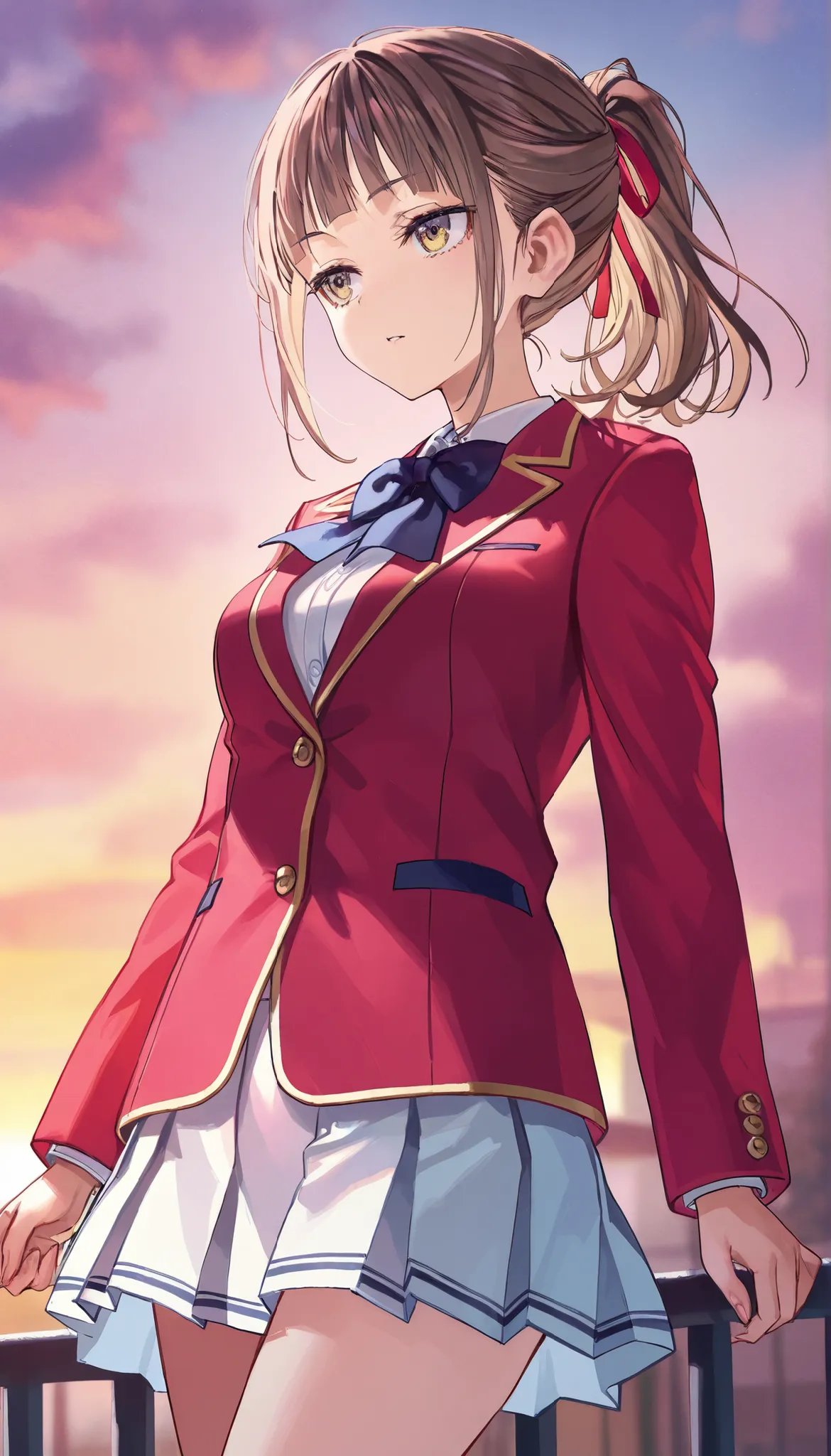 rika morofuji, brown hair, medium hair, yellow eyes , 1girl, red ribbon, red jacket school uniform, white shirt, red jacket, collared shirt, bowtie, white skirt, (happoubi jin:0.8),, by fuzichoco, by lam, by kinta \(distortion\), by lack, by quasarcake, ...