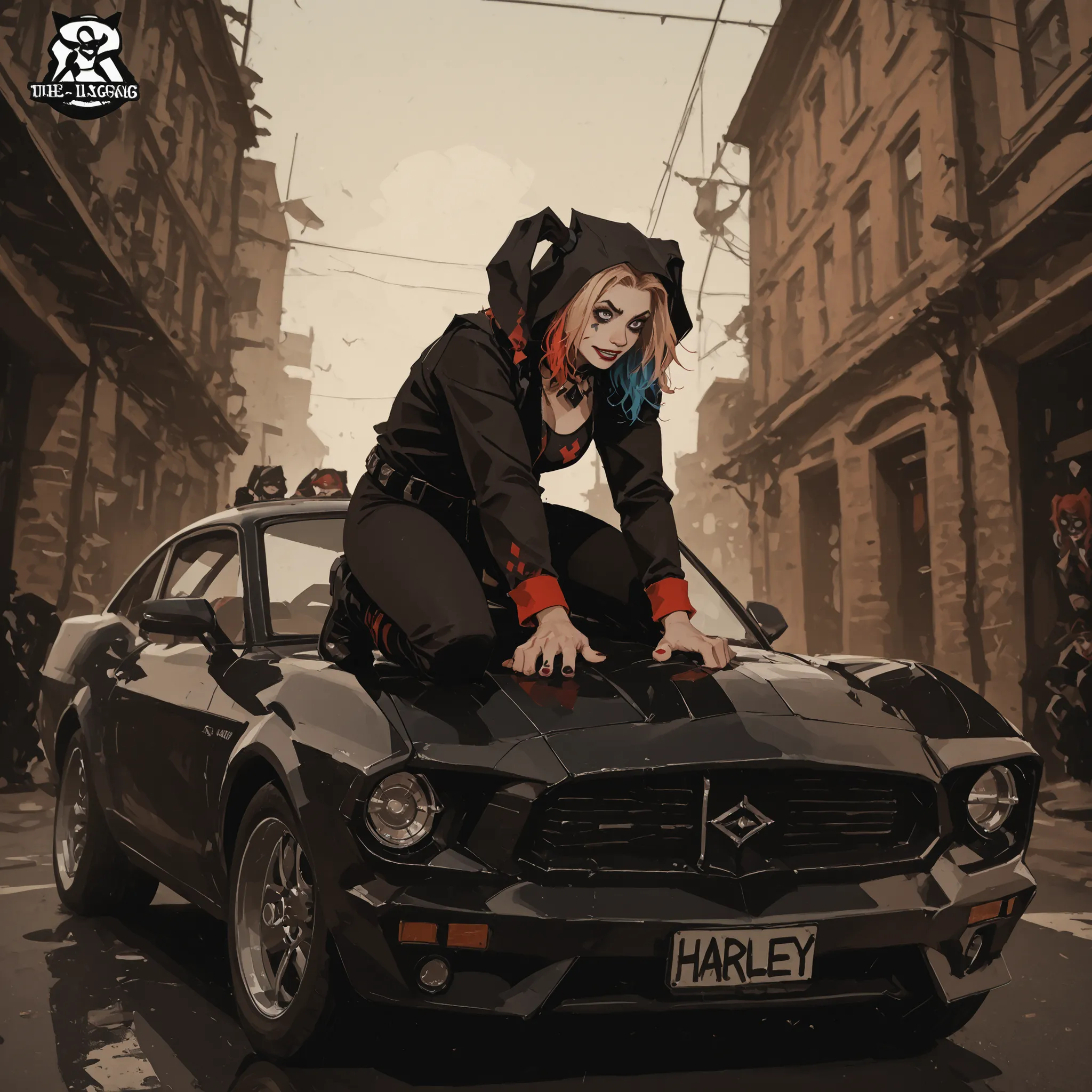 (Harley Quinn sits on top of the car's hood with a bat in his hands.( 1969 Ford Mustang.)) in the left corner, the logo is like in GTA 6. Harley's face is detailed.