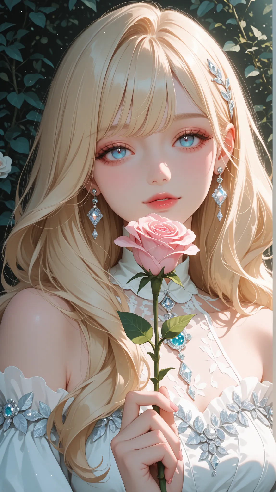 “A beautiful anime-style girl with long wavy blonde hair and bright blue eyes, gently holding a pink rose close to her face. She is wearing an off-shoulder white dress with ruffles and floral details, and elegant diamond-shaped earrings. The background fea...