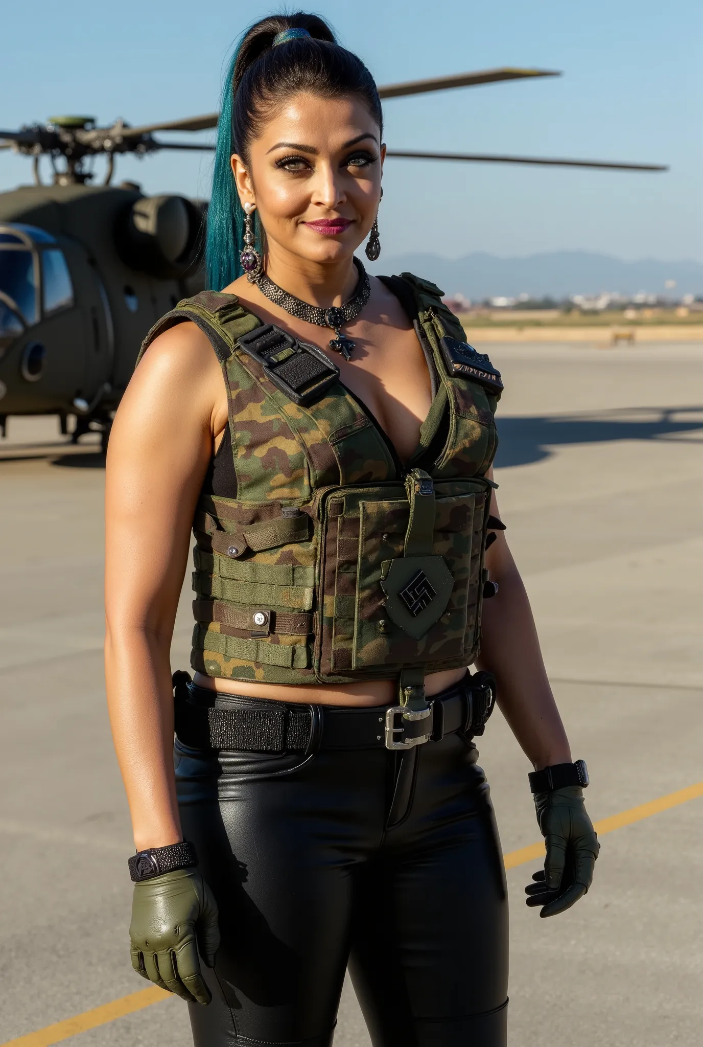 Full body photo of 50YO MATURE MILF AISHWARYA RAI as a SEXY COMBAT READY MILF COMMANDO, WEARING FULL (((ONLY TIGHT BLACK LEATHER PANTS AND VEST EXPOSING BIG BREASTS WITH MASSIVE CLEAVAGE AND MID RIFF))), ((((DARK SMOKY EYE MAKEUP WITH ARCHED EYEBROWS AND N...