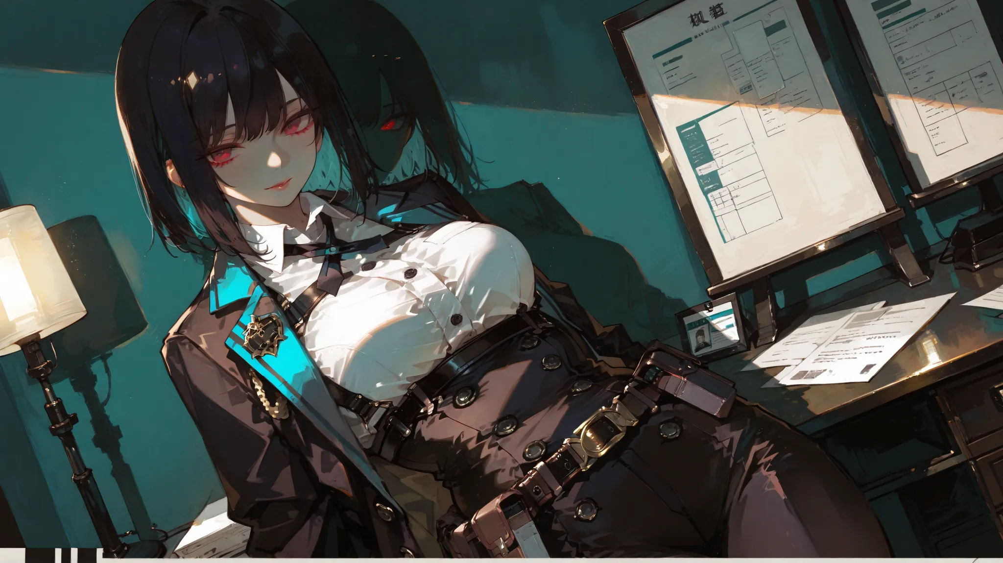 masterpiece, high quality, ultra-detailed, 8K, long-range photography, cinematic angle, sharp focus, ambient lighting,
tall and sexy female detective, height 173 cm, red eyes, short black hair , turquoise colored inner hair, D-cup bust, confident posture,...