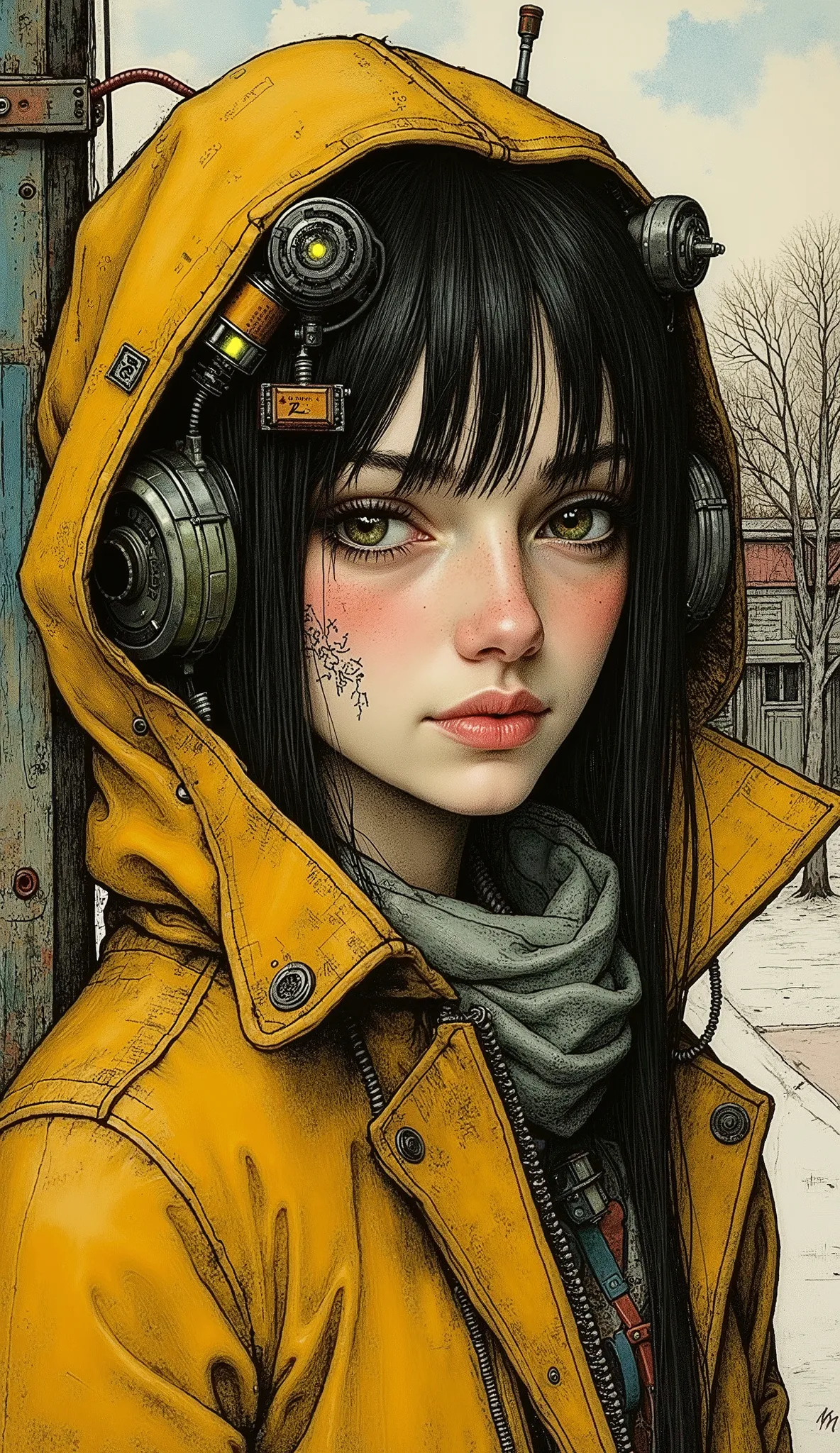 High Quality, high resolution, rich in detail, Realistic, Light Exquisite,  Vivid Color, Cyberpunk style, Sci-fi futuristic feel, A mysterious cyberpunk woman, close up, Eyes directly at the viewer, Wear a designer long warm jacket with a yellow leather te...