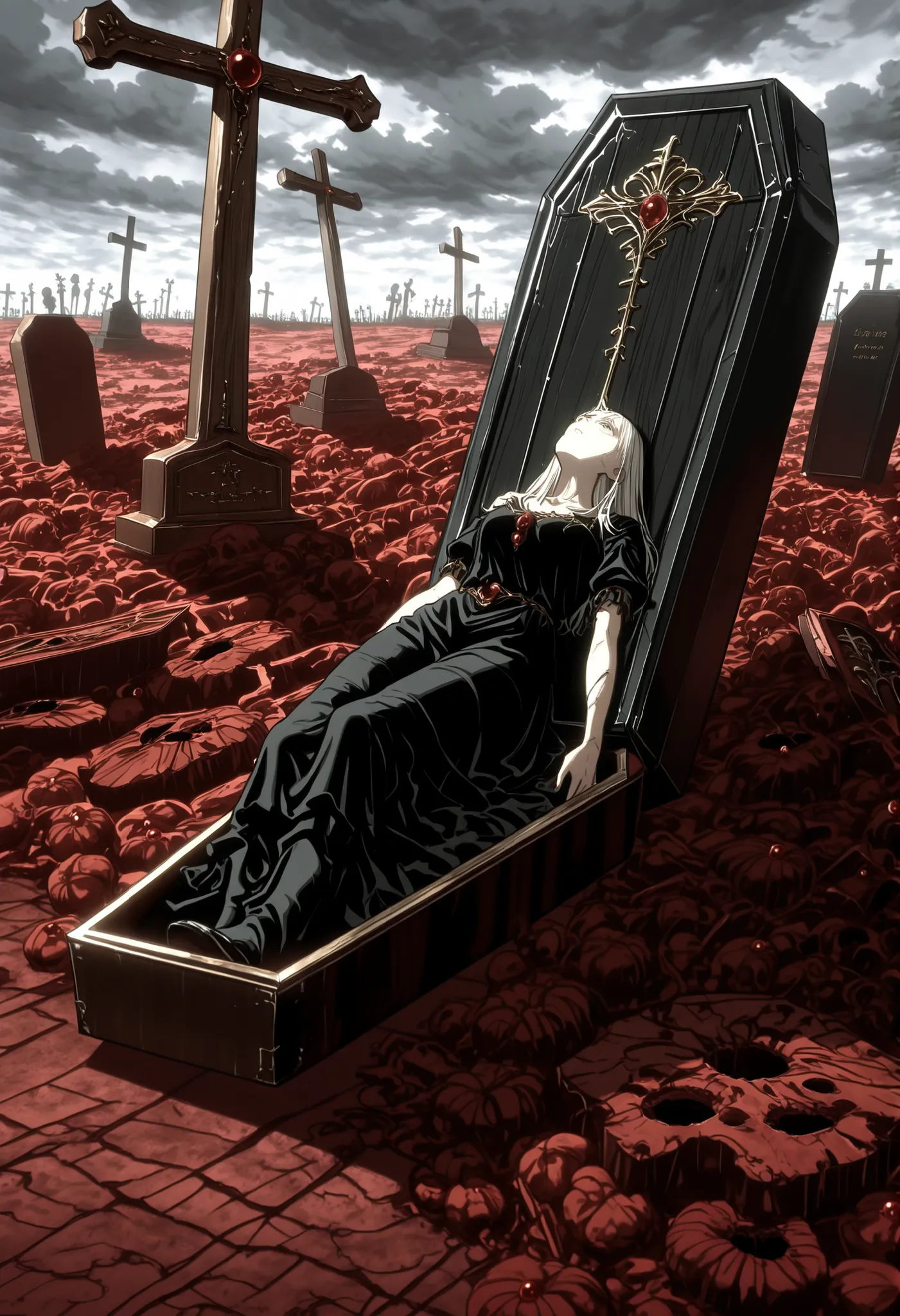 Ataud ,tumba, cemetery ,rectangular wooden coffin,Ornaments,coffin lying on the floor, cloudy day,Sad day ,hole under the coffin,Earth next to,a girl next to the coffin,looking up,arm extended to the sky