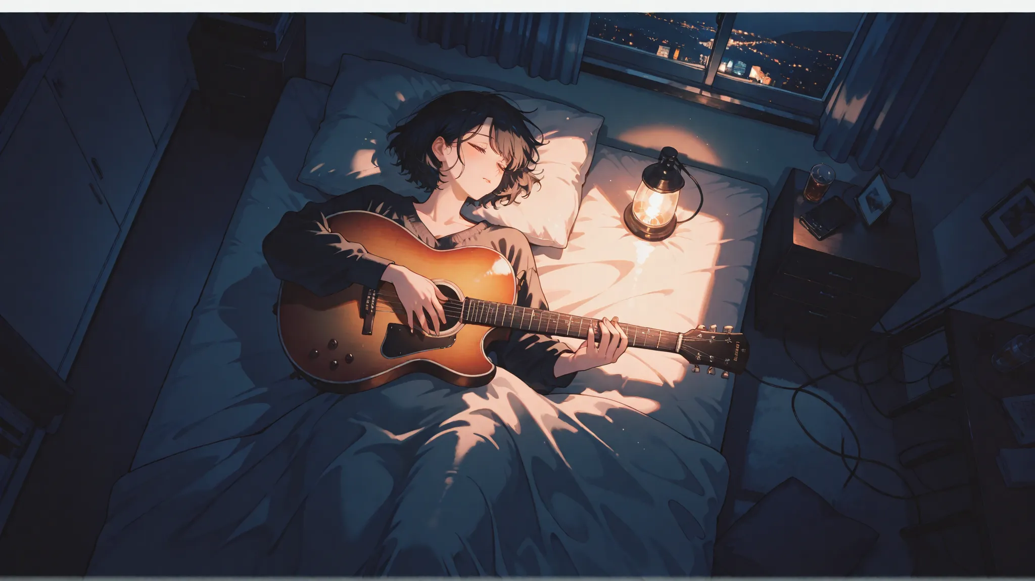 masterpiece,Woman,tareme, black  hair,short hair,detail eyes,playing guitar,lying,room,night,from above,cinematic lighting,アニメ風、高精細