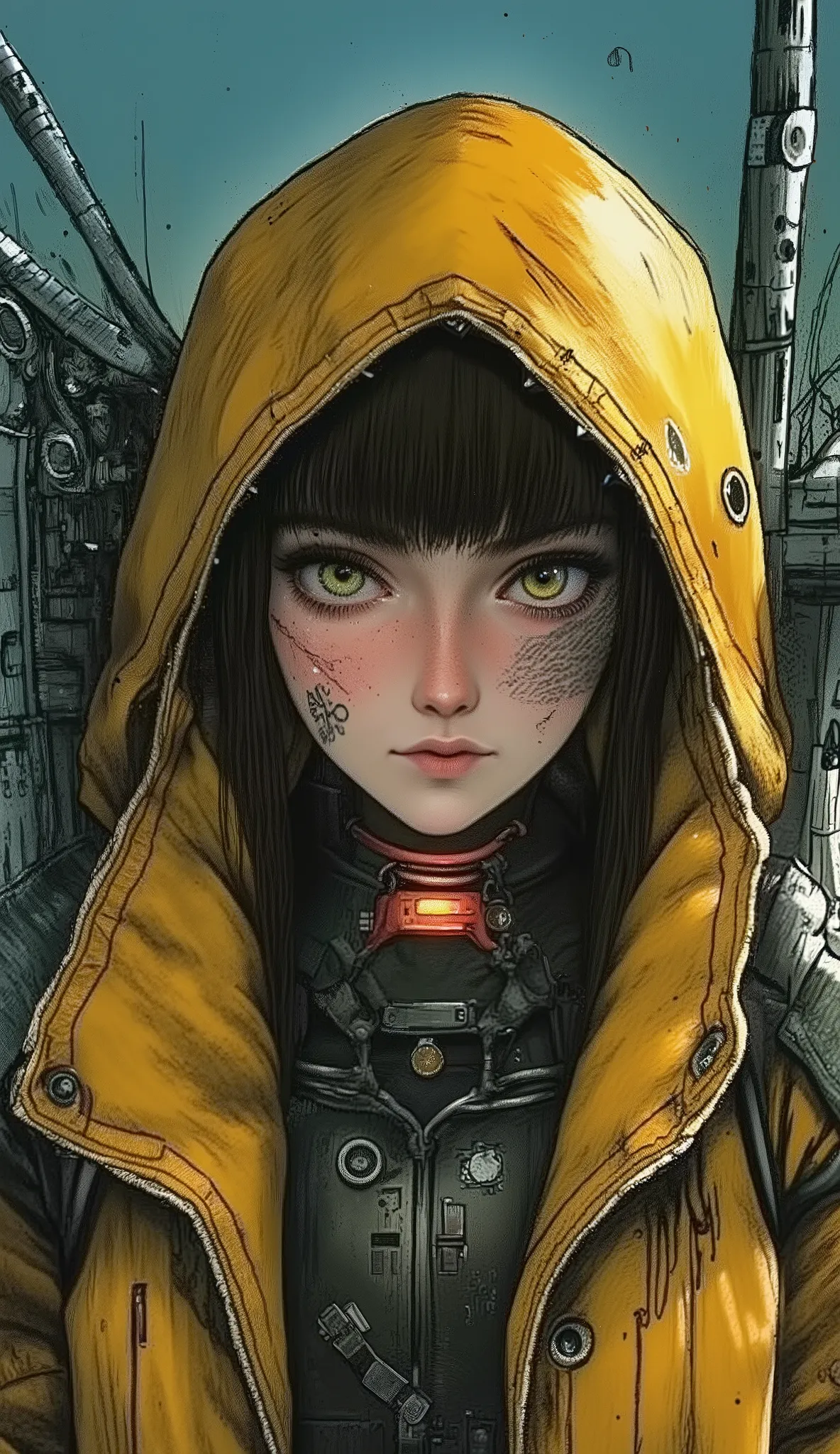 High Quality, high resolution, rich in detail, Realistic, Light Exquisite,  Vivid Color, Cyberpunk style, Sci-fi futuristic feel, A mysterious cyberpunk woman, close up, Eyes directly at the viewer, Wear a designer long warm jacket with a yellow leather te...