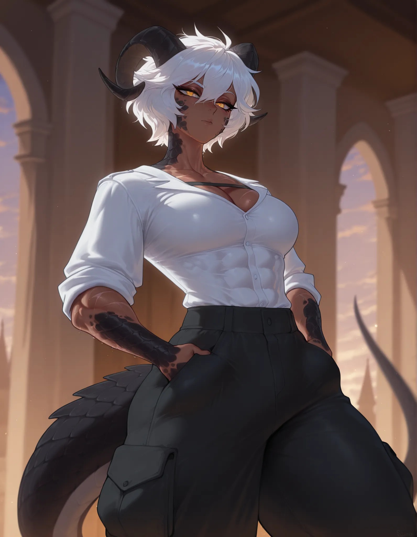 masterpiece, best quality, amazing quality, very aesthetic, fantasy setting, dnd character, human, absurdres, newest, scenery, extreme detail, 8k, detailed eyes, yellow eyes, by Riolutiny, female, scalie arms and neck, solo, tall, horns, extremely detailed...