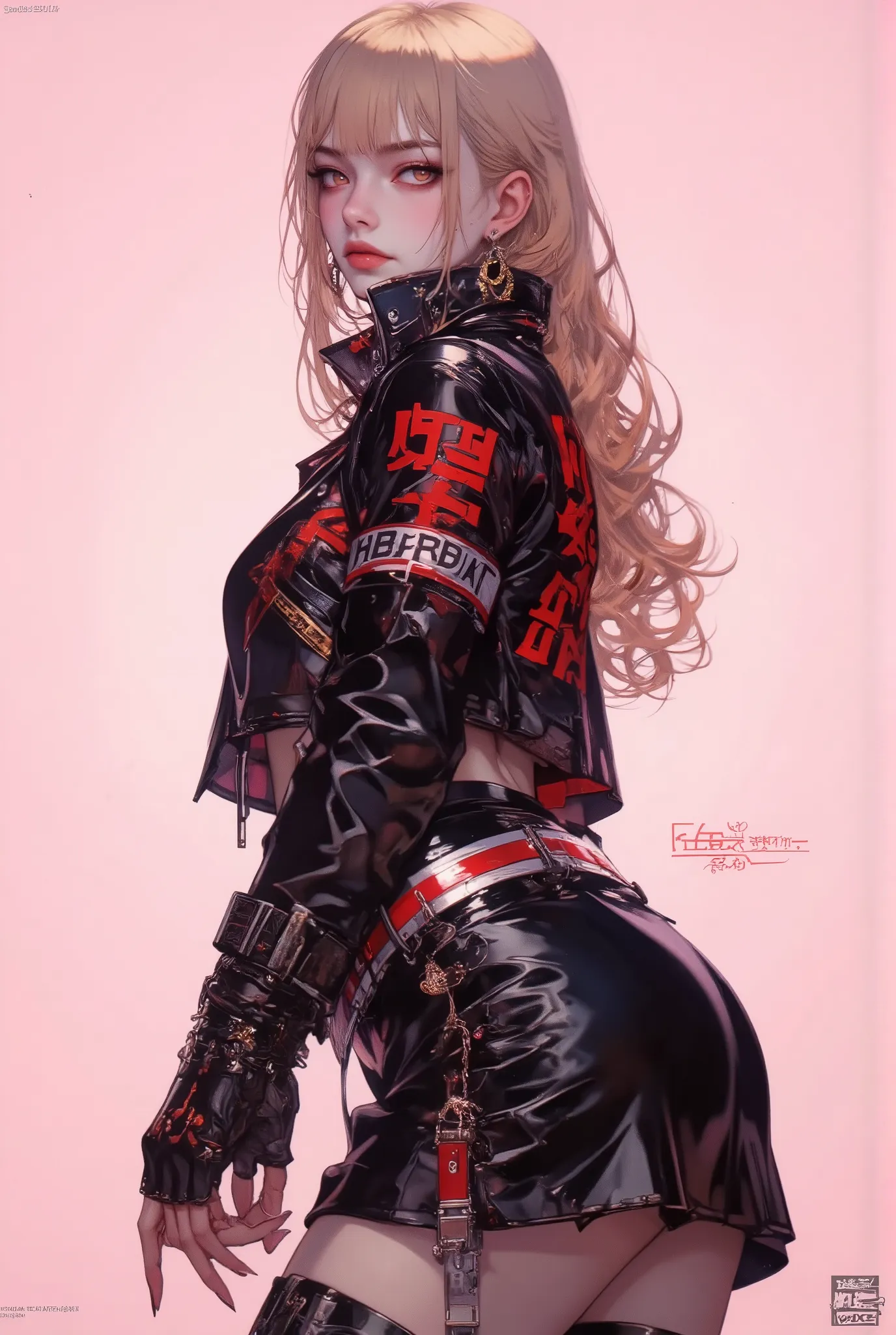 anime girl with blond hair and a baseball cap eating a candy, she is in profile and looks at the camera with a complicit look , wears a black leather jacket with a raised collar of the jacket , with letters in red and white , a black leather skirt wit...