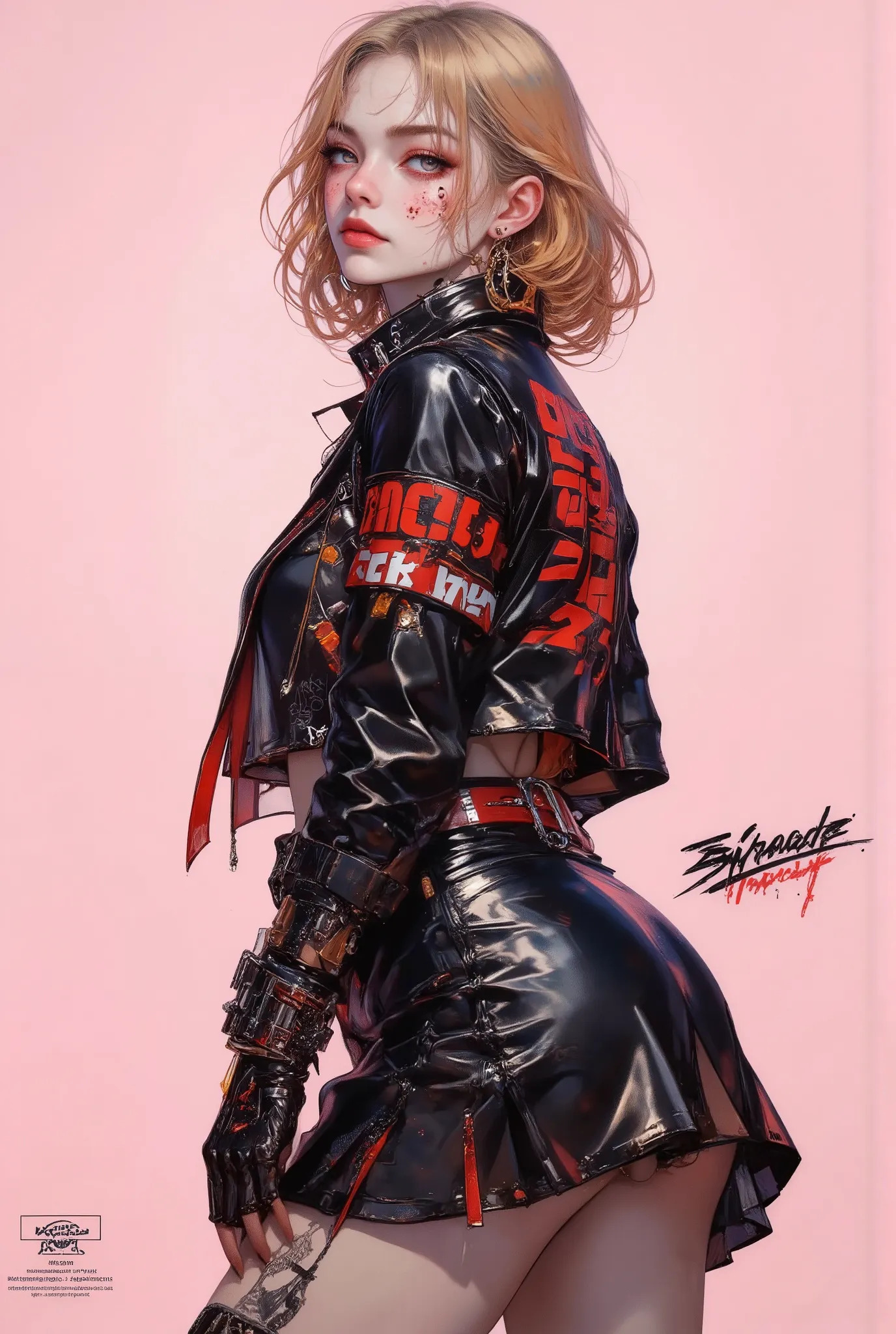  anime girl with blond hair and a baseball cap eating a candy,  she is in profile and looks at the camera with a complicit look ,  wears a black leather jacket with a raised collar of the jacket  , with letters in red and white ,  a black leather skirt wit...