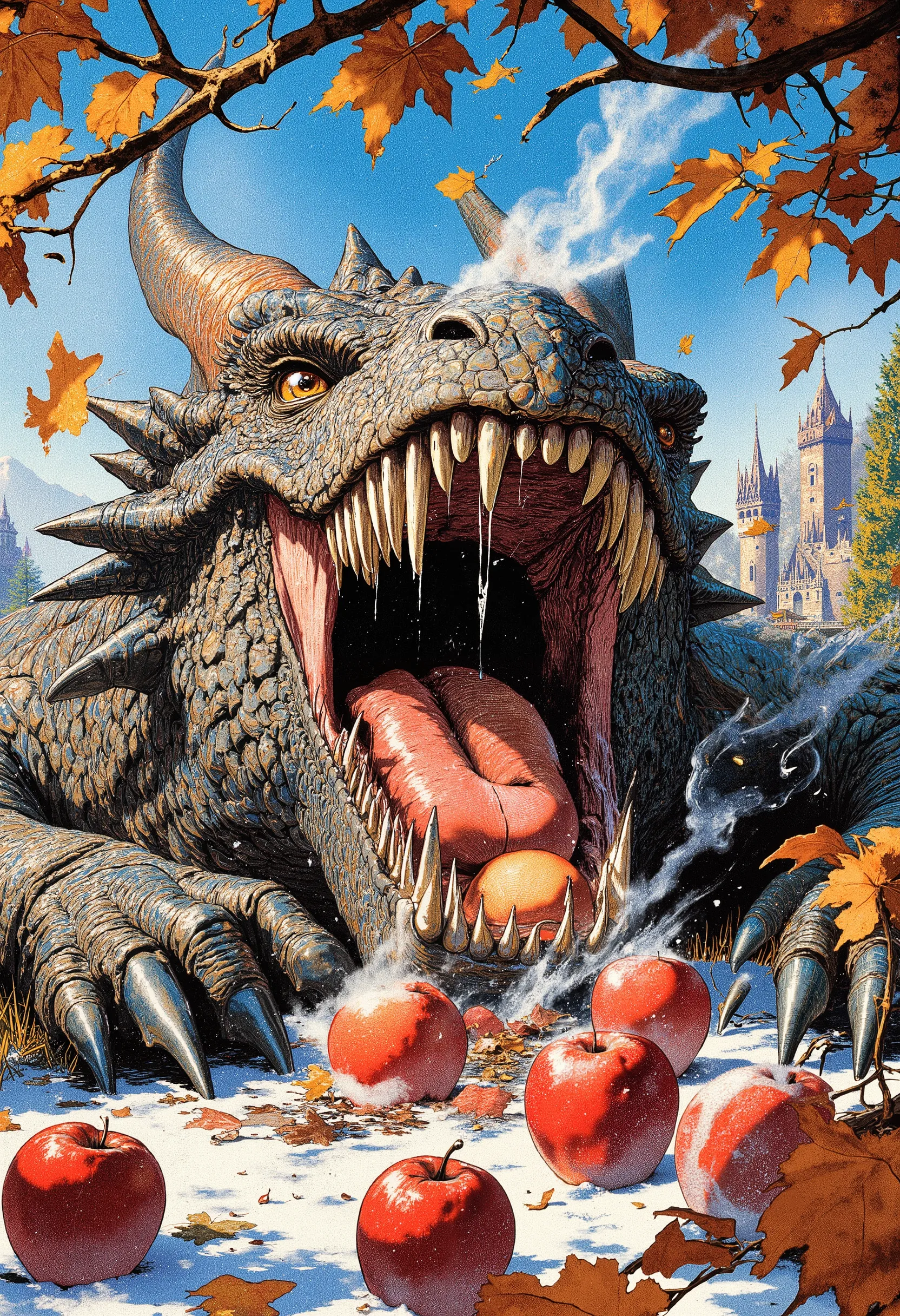 The painting style is detailed and epic. Dynamic frame. The middle of the movement. At a low angle, the figure of a huge, terrifyingly beautiful fantastic dragon with its muzzle raised up and its toothy mouth open is vertically visible.   A drunken, satisf...