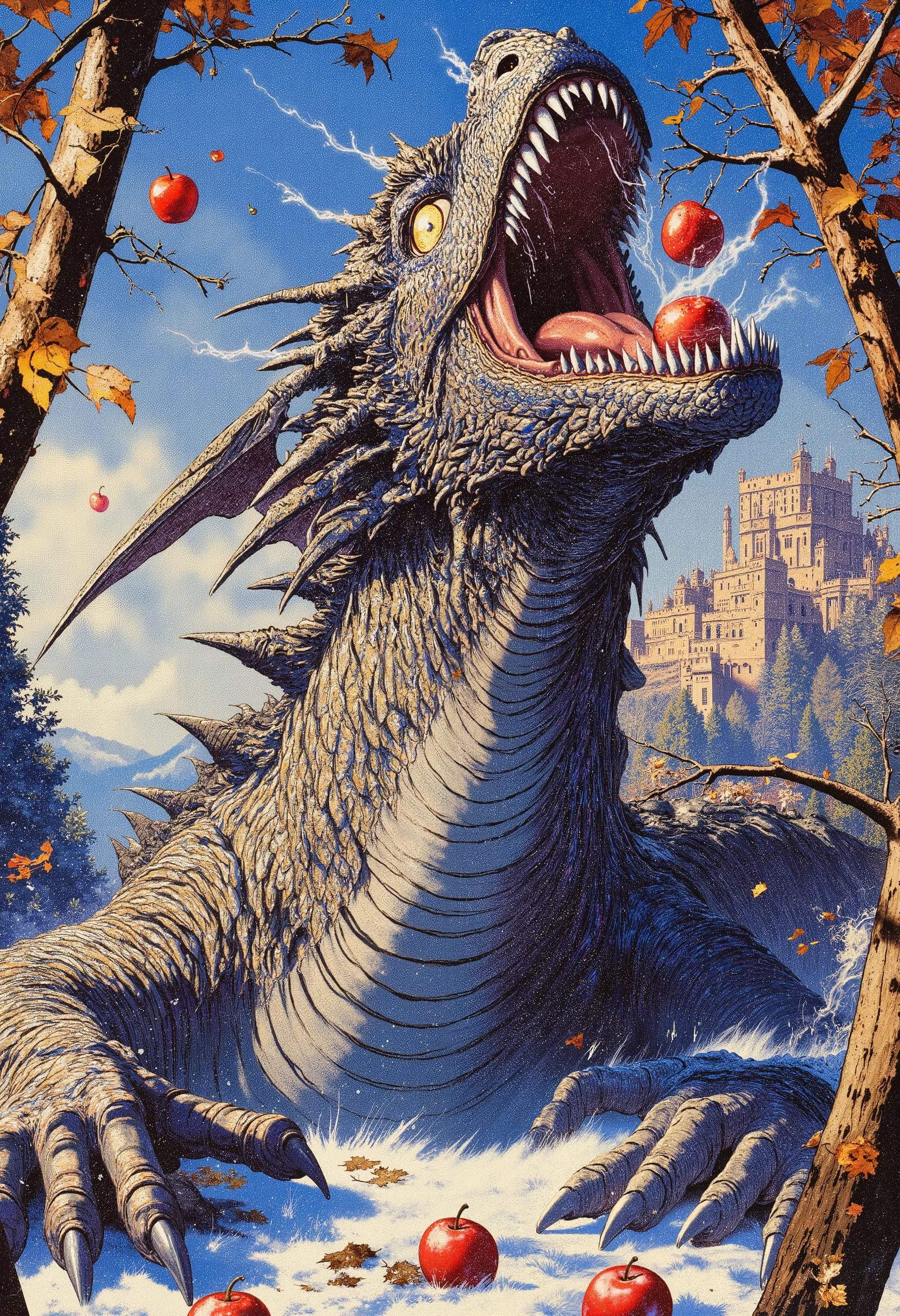 The painting style is detailed and epic. Dynamic frame. The middle of the movement. At a low angle, the figure of a huge, terrifyingly beautiful fantastic dragon with its muzzle raised up and its toothy mouth open is vertically visible.   A drunken, satisf...