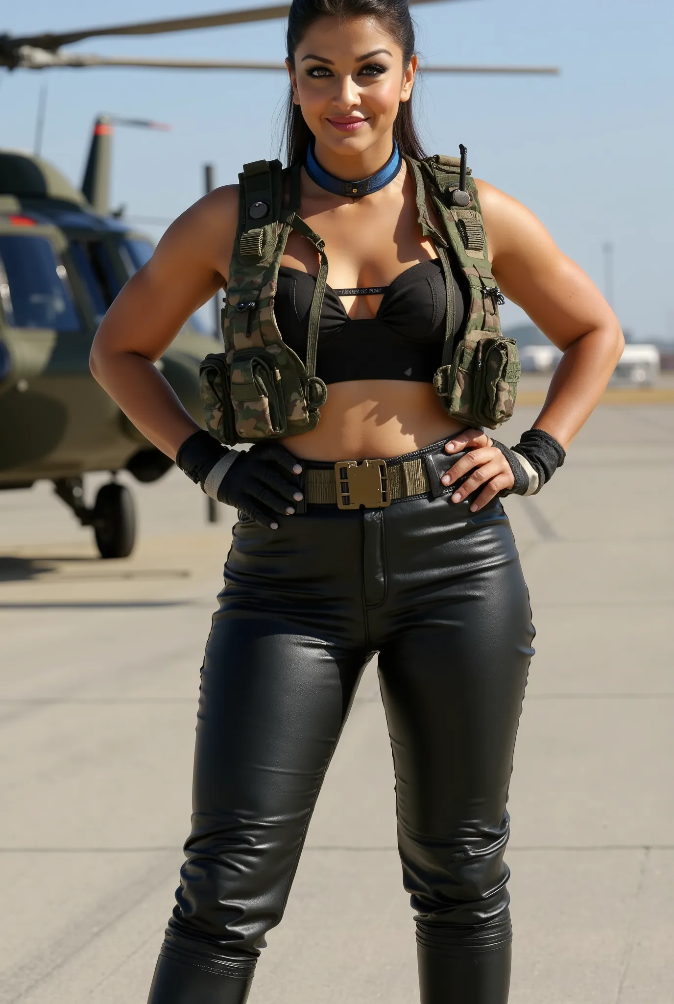 Full body photo of 50YO MATURE MILF AISHWARYA RAI as a SEXY MILF SPECIAL FORCES COMMANDO, WEARING FULL (((((TIGHT BLACK LEATHER PANTS AND BRA)) EXPOSING BIG BREASTS WITH MASSIVE CLEAVAGE AND MID RIFF))), ((((DARK SMOKY EYE MAKEUP WITH ARCHED EYEBROWS AND N...