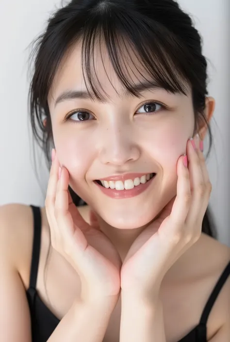An extreme ultra close-up, hyperrealistic portrait of an overwhelmingly beautiful young Japanese woman, photographed in immaculate cinematic soft light. Her face fills 95% of the frame, captured in exquisite high-resolution with ultra-fine skin texture, vi...