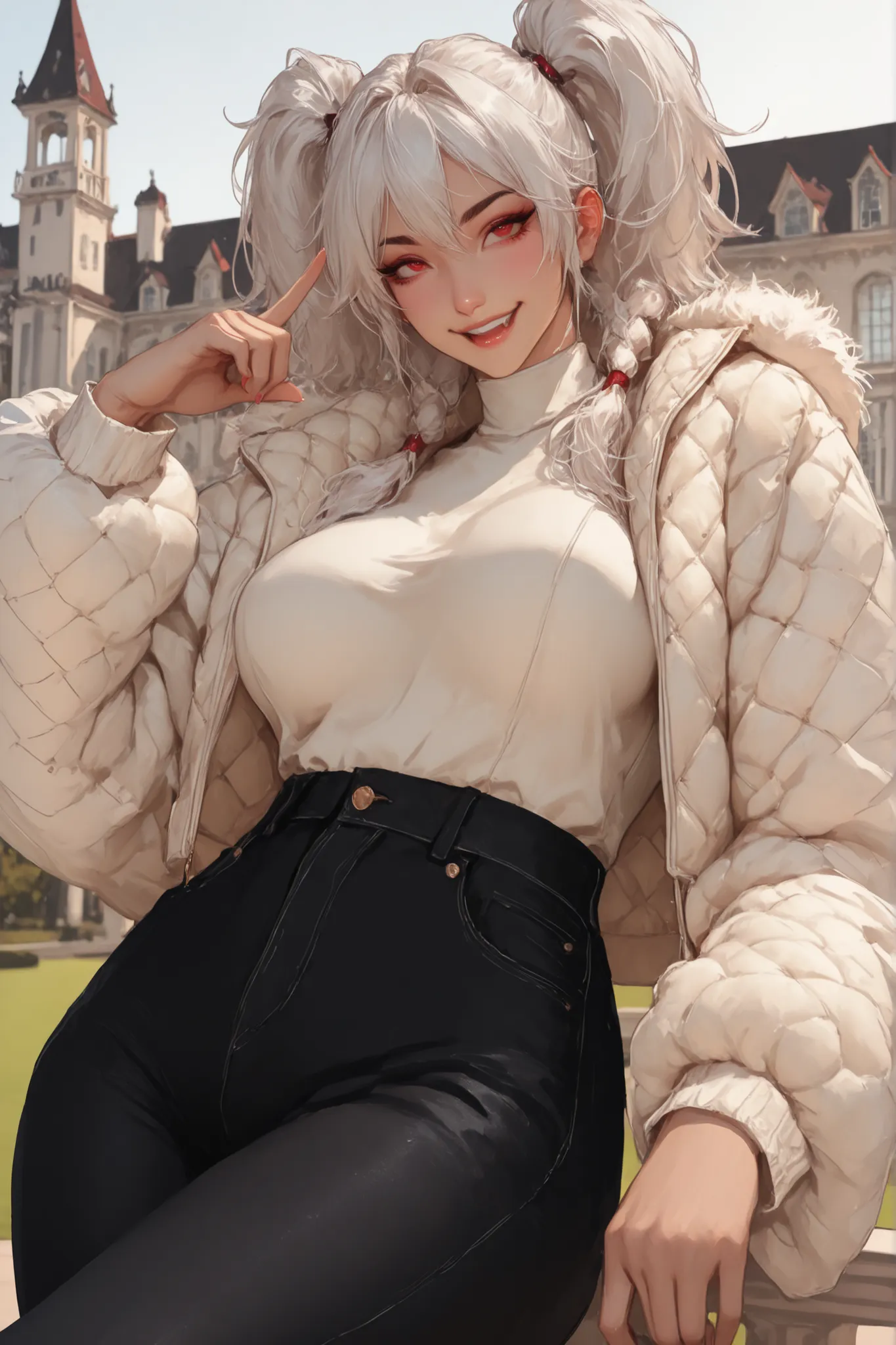 solo, female, tall, red eyes, long fluffy white hair, twin tails, mischievous smile, fun pose, very large breasts, close up, tomboy, fun, teasing pose, casual clothes, mansion, luxurious, warm, pinup pose, medium shot, futuristic, black jeans, sexy, quilte...