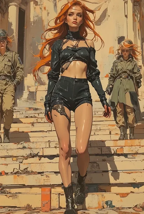 A strange young red-haired woman walking down a large staircase,Military dogs chasing women, lighting, A woman in a bodysuit,Fitted silhouette and body line,Graceful beauty,Expressive cutouts at the waist and chest,visual impact,Simple design with reduced ...