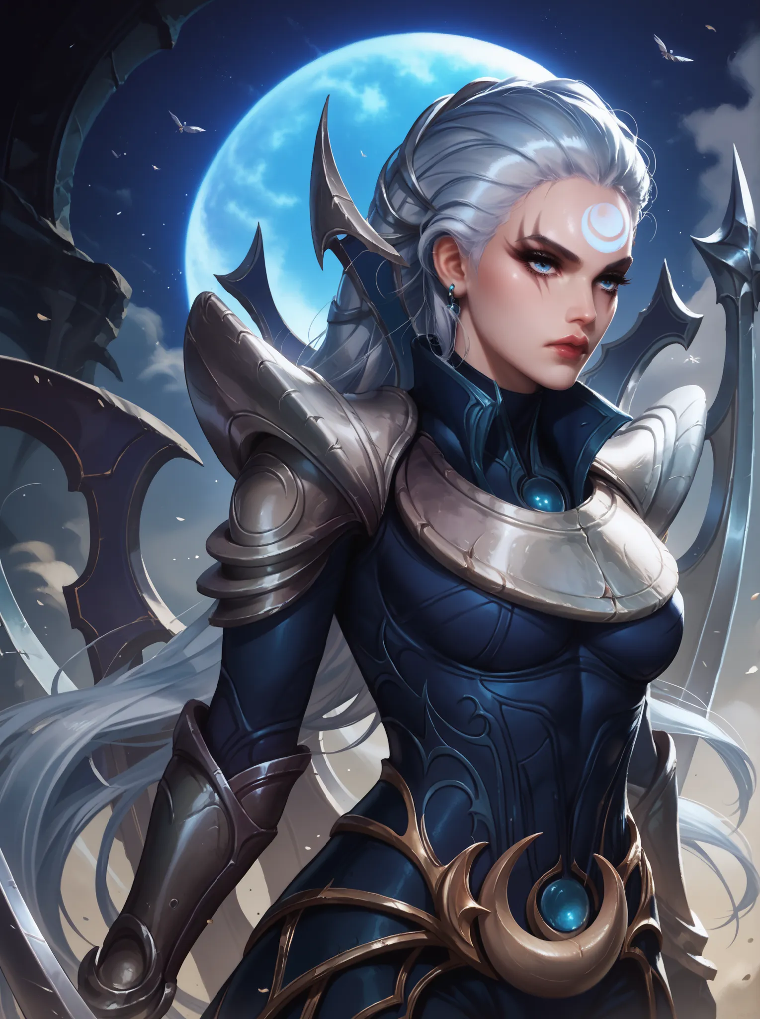 Diana from League of Legends, standing in a moonlit battlefield, long silver hair flowing, piercing pale blue eyes, wearing dark armor with silver crescent moon motifs, holding her (large), (curved crescent) blade, dramatic backlighting from a full moon, s...