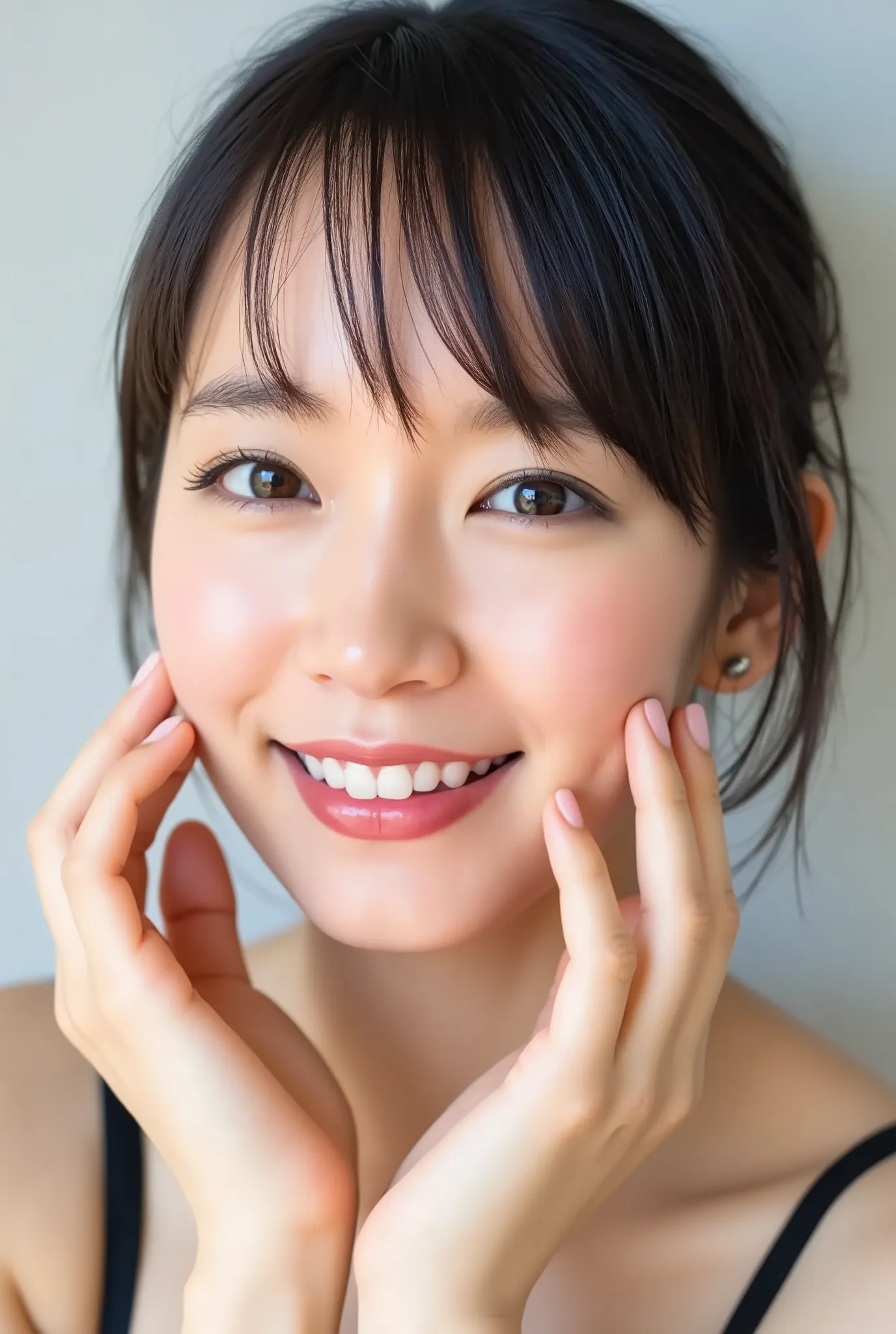 An extreme ultra close-up, hyperrealistic portrait of an overwhelmingly beautiful young Japanese woman, photographed in immaculate cinematic soft light. Her face fills 95% of the frame, captured in exquisite high-resolution with ultra-fine skin texture, vi...