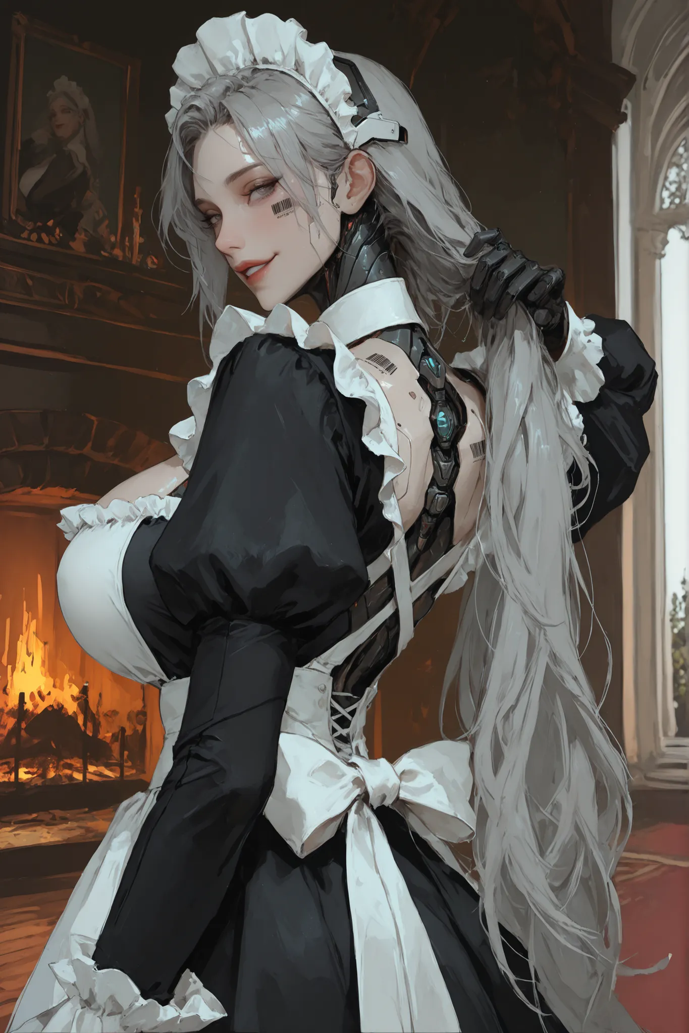 solo, female, very long hair, light skin, grey eyes, smile, huge breasts:1.3, frilly traditional english maid outfit, close up, fluttering dress, frills, mansion, luxurious, parted lips, large maid headdress, elegant, fireplace, comfy, long frilly sleeves,...