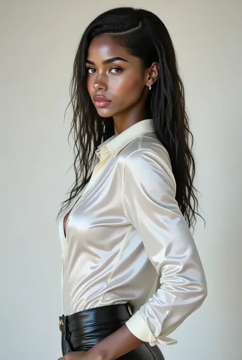  side profile image of Jyla West, bi-racial model with olive skin with a shiny white satin button down shirt, black leather pants, seductive, side profile, glance, white studio background