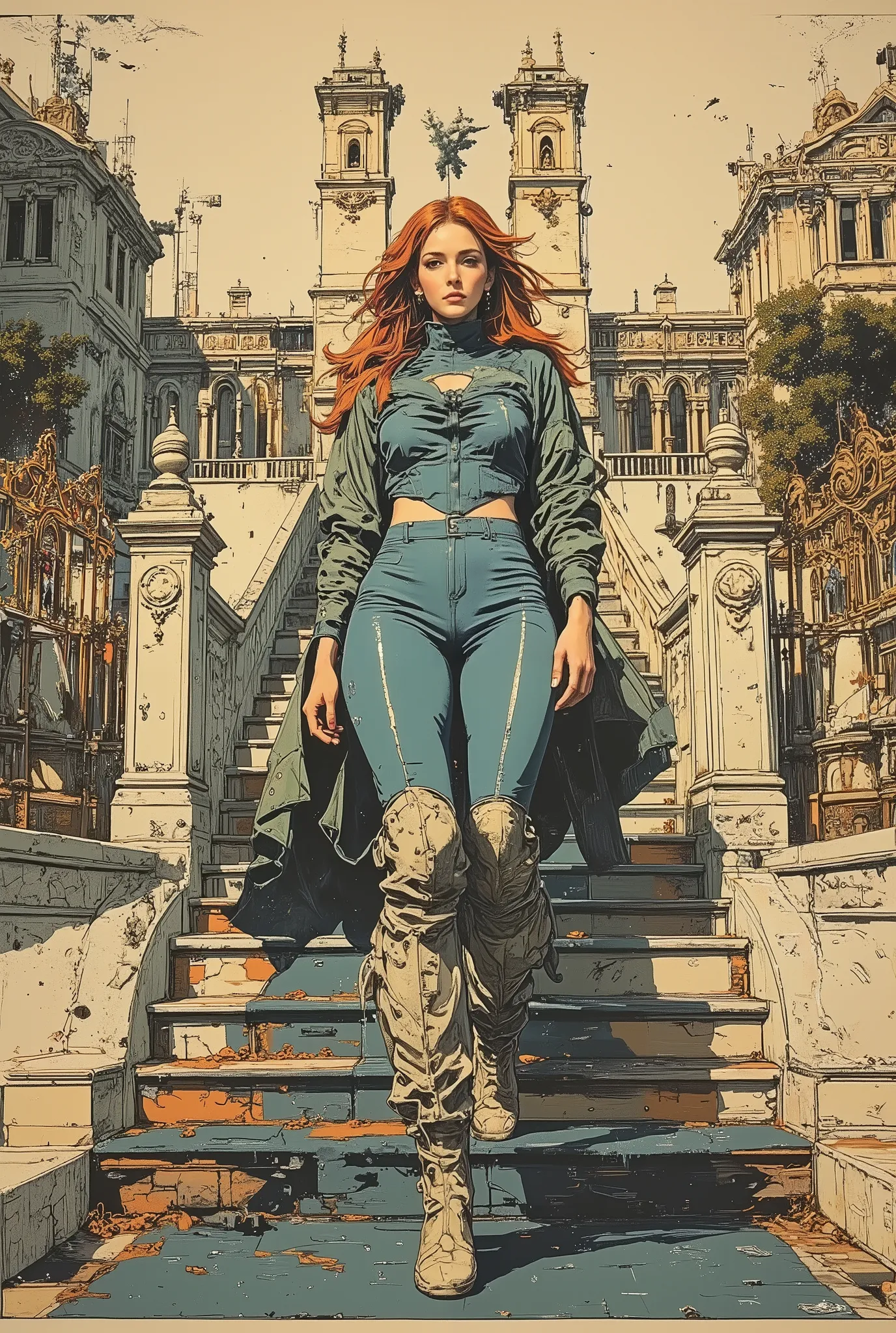 A strange young red-haired woman walking down a large staircase,Military dogs chasing women, lighting, A woman in a bodysuit,Fitted silhouette and body line,Graceful beauty,Expressive cutouts at the waist and chest,visual impact,Simple design with reduced ...