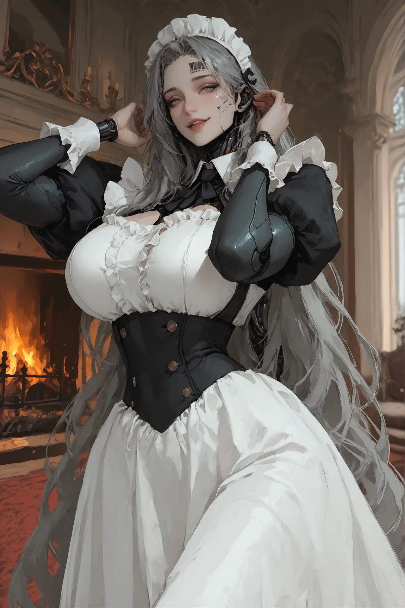 solo, female, very long hair, light skin, grey eyes, smile, huge breasts:1.3, frilly traditional english maid outfit, close up, fluttering dress, frills, mansion, luxurious, parted lips, large maid headdress, elegant, fireplace, comfy, long frilly sleeves,...