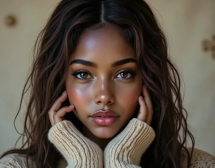  portrait of woman, aran sweater, detailed hands, detailed brown eyes