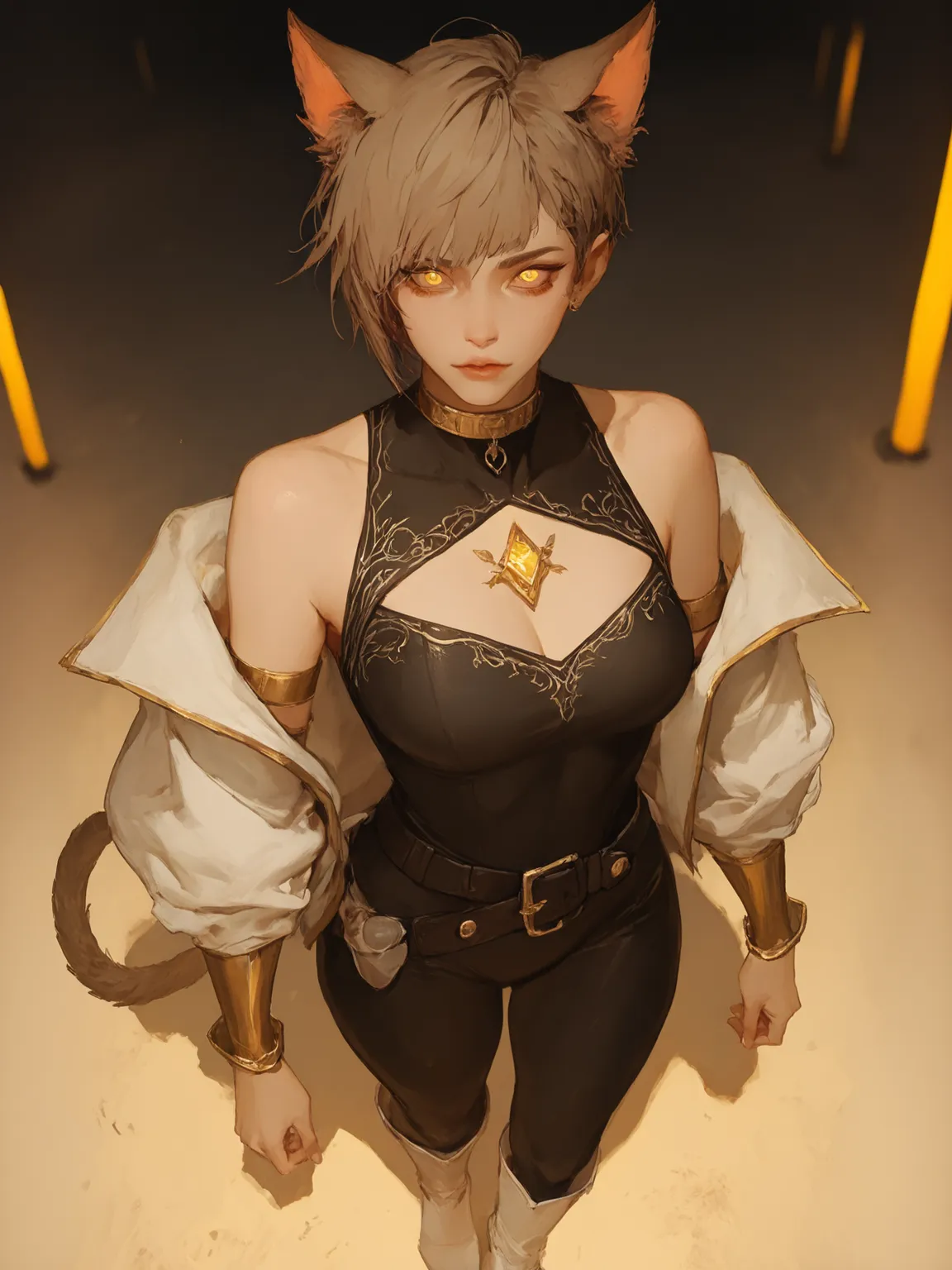 {{masterpiece}}, {{high detail}}, one female, solo. 20s. Light brown hair cut into a pixie cut. Bright, glowing yellow eyes. Perfect body. Large gold mark on chest. Cat ears and cat tail. She wears a black fantasy silk bodysuit with black leather belt. A...