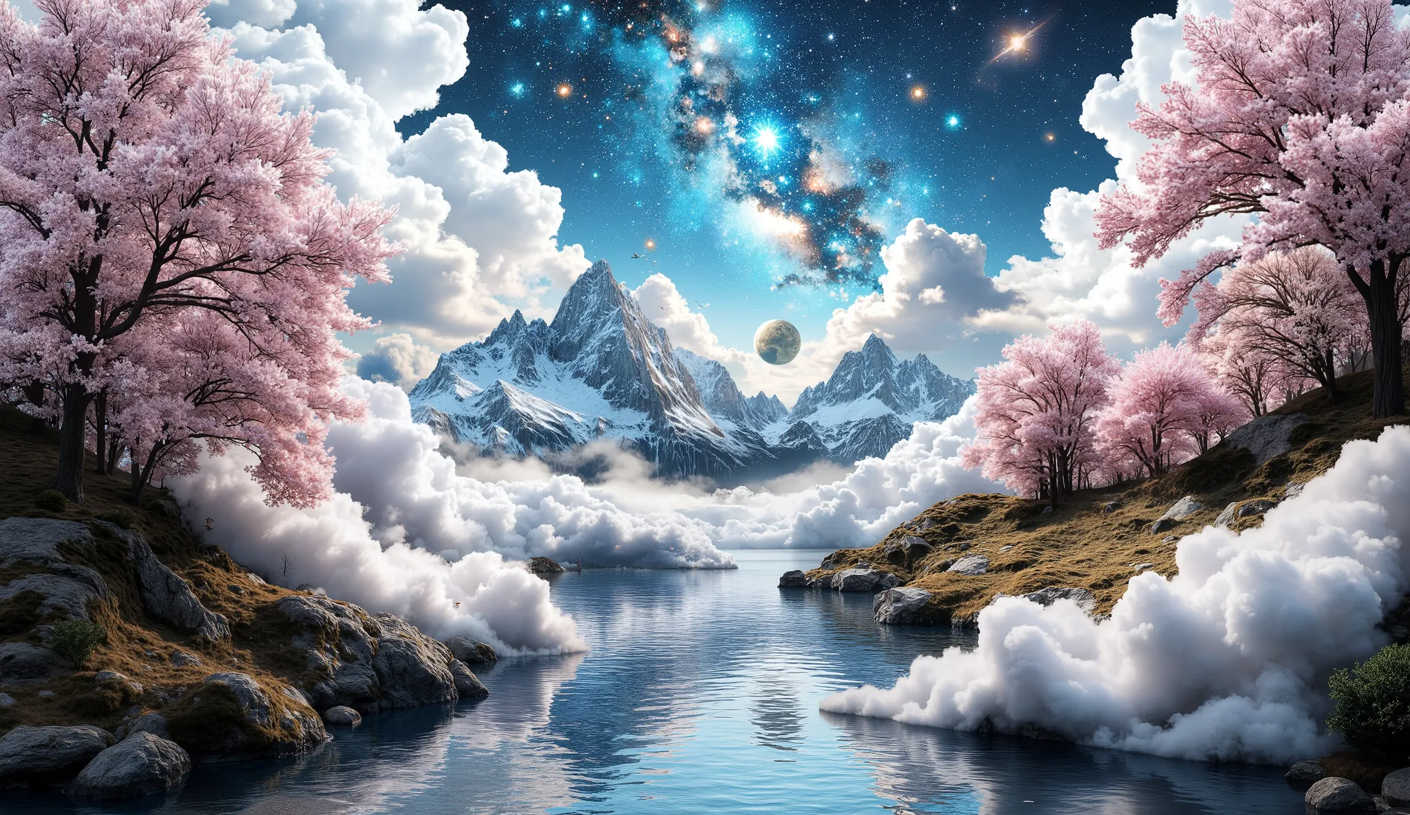 masterpiece, an amazing magical city, a large ocean, a large forest of white flowers, a large number of clouds everywhere, a planet in the sky and stars, a very detailed magical city, beautiful forest of white flowers impressive color, , some very legibl...