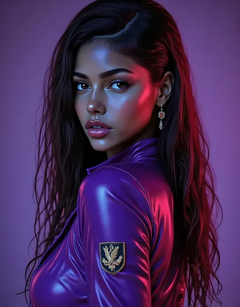 full body, beautiful woman, purple latex blouse, detailed brown eyes and face, ultra-detailed hair, attractive appearance, confident gaze, long eyelashes, beauty, sexy, modern fashion style, fashionable,wet blouse, shiny latex material, vivid colors, studi...