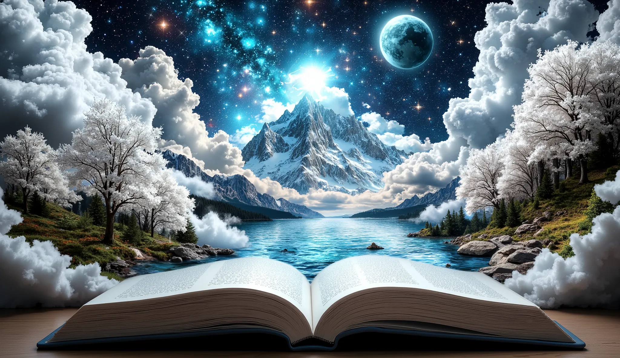 masterpiece, an open book with the words with an amazing image of a magical city, a large ocean, a large forest of white flowers, a large number of clouds everywhere, a planet in the sky and stars, a very detailed magical city, beautiful forest of white fl...