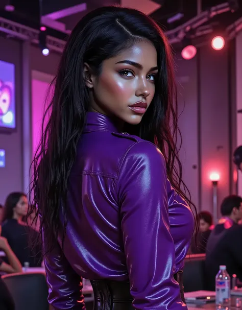 full body, beautiful woman, purple latex blouse, detailed brown eyes and face, ultra-detailed hair, attractive appearance, confident gaze, long eyelashes, beauty, sexy, modern fashion style, fashionable,wet blouse, shiny latex material, vivid colors, studi...