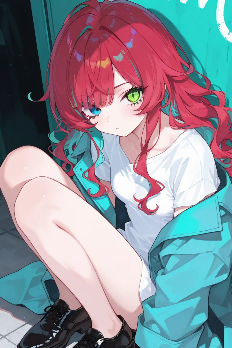 1girl, best quality, Vivid Colors, small breasts, green left eye and blue right eye, wavy hair, long hair, red hair, light blue coat with white shirt and black shoes