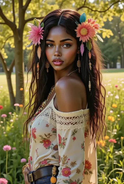 bi-racial woman, A bohemian woman standing gracefully in a sunlit meadow, wearing a flowy, patterned dress with lace details and a leather belt. Her long, wavy hair is adorned with natural ornaments like feathers and flowers, complementing her layered text...
