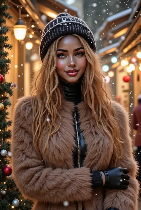 bi-racial woman with honey blonde hair and amber eyes, wearing a fur coat and a fur hat, smiling, happy attitude, outside, christmas fair with lot's of decorations and christmas lights in the background, heavy snowing, 