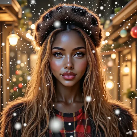 bi-racial woman with honey blonde hair and detailed brown eyes, wearing a fur coat and a fur hat, smiling, happy attitude, outside, christmas fair with lot's of decorations and christmas lights in the background, heavy snowing, 