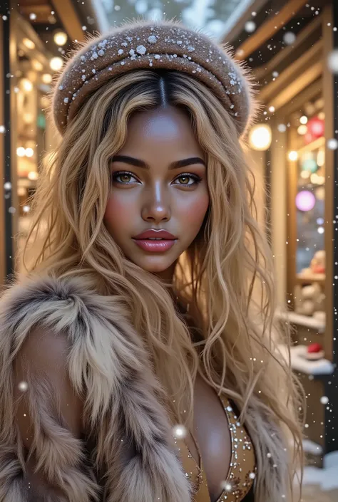  bi-racial woman with honey blonde hair and detailed brown eyes, wearing a fur coat and a fur hat, smiling, happy attitude, outside, christmas fair with lot's of decorations and christmas lights in the background, heavy snowing, 
