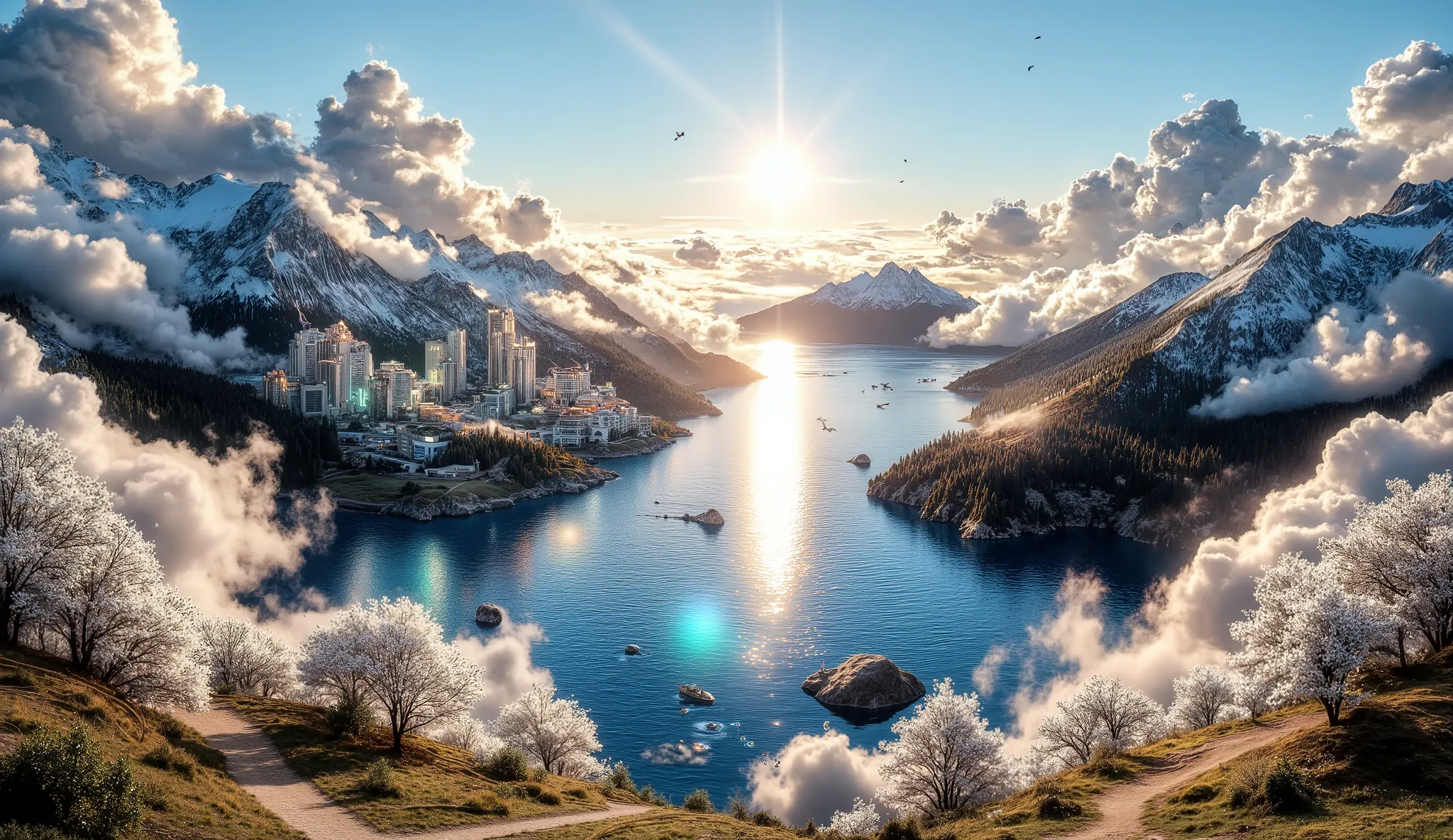 masterpiece, an amazing magical city, a large ocean, a large forest of white flowers, a large number of clouds everywhere, a planet in the sky and stars, a very detailed magical city, beautiful forest of white flowers impressive color, clouds all over the ...
