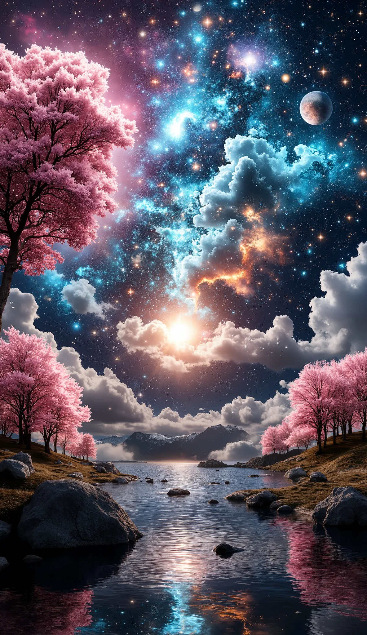 masterpiece, open with the written words of "I thought of the world beyond, a beautiful world and galaxies and stars.", , some very legible and understandable words, beautiful colors, stars and galaxies in the background, a lot of details, high definition