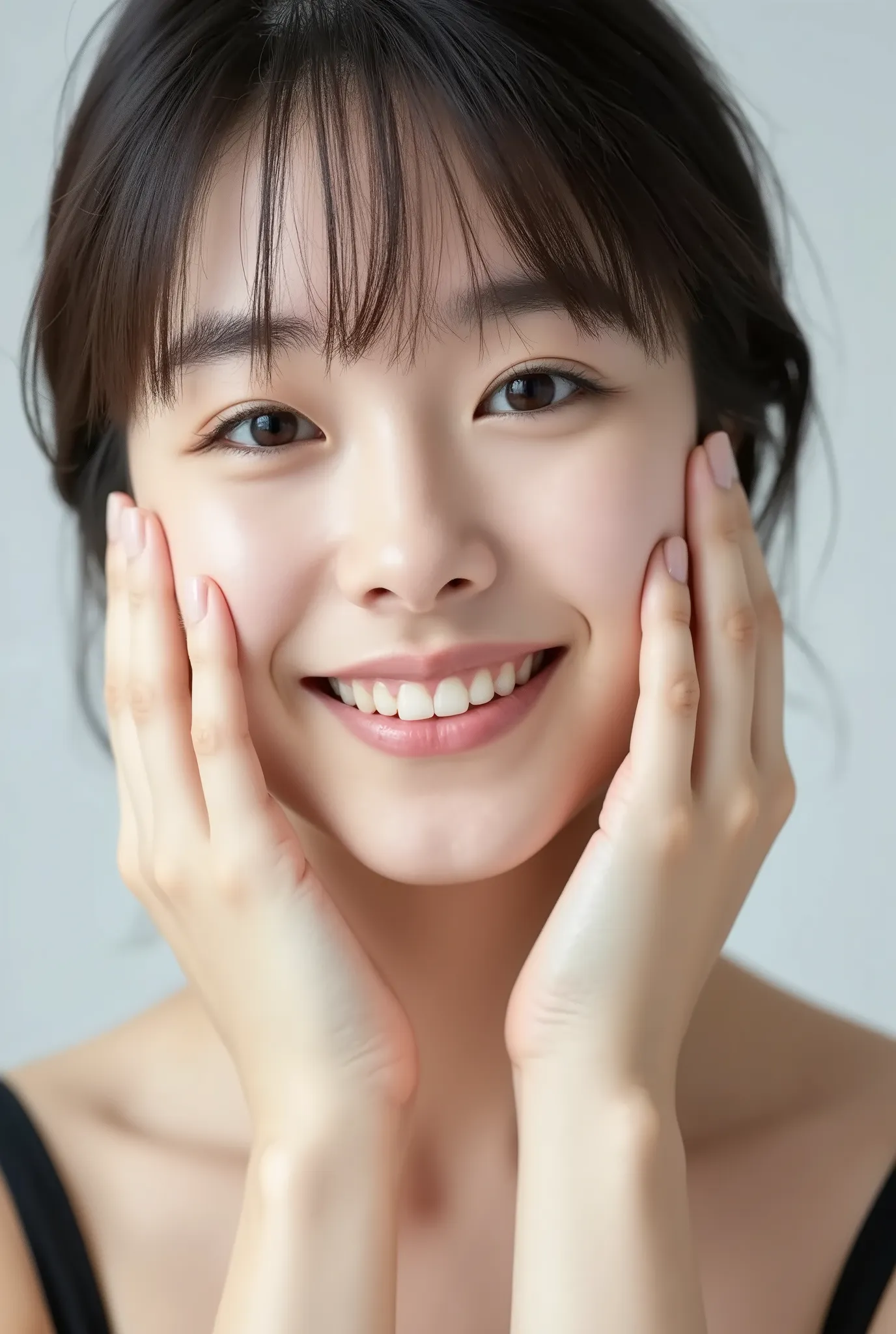 An extreme ultra close-up, hyperrealistic portrait of an overwhelmingly beautiful young Japanese woman, photographed in immaculate cinematic soft light. Her face fills 95% of the frame, captured in exquisite high-resolution with ultra-fine skin texture, vi...