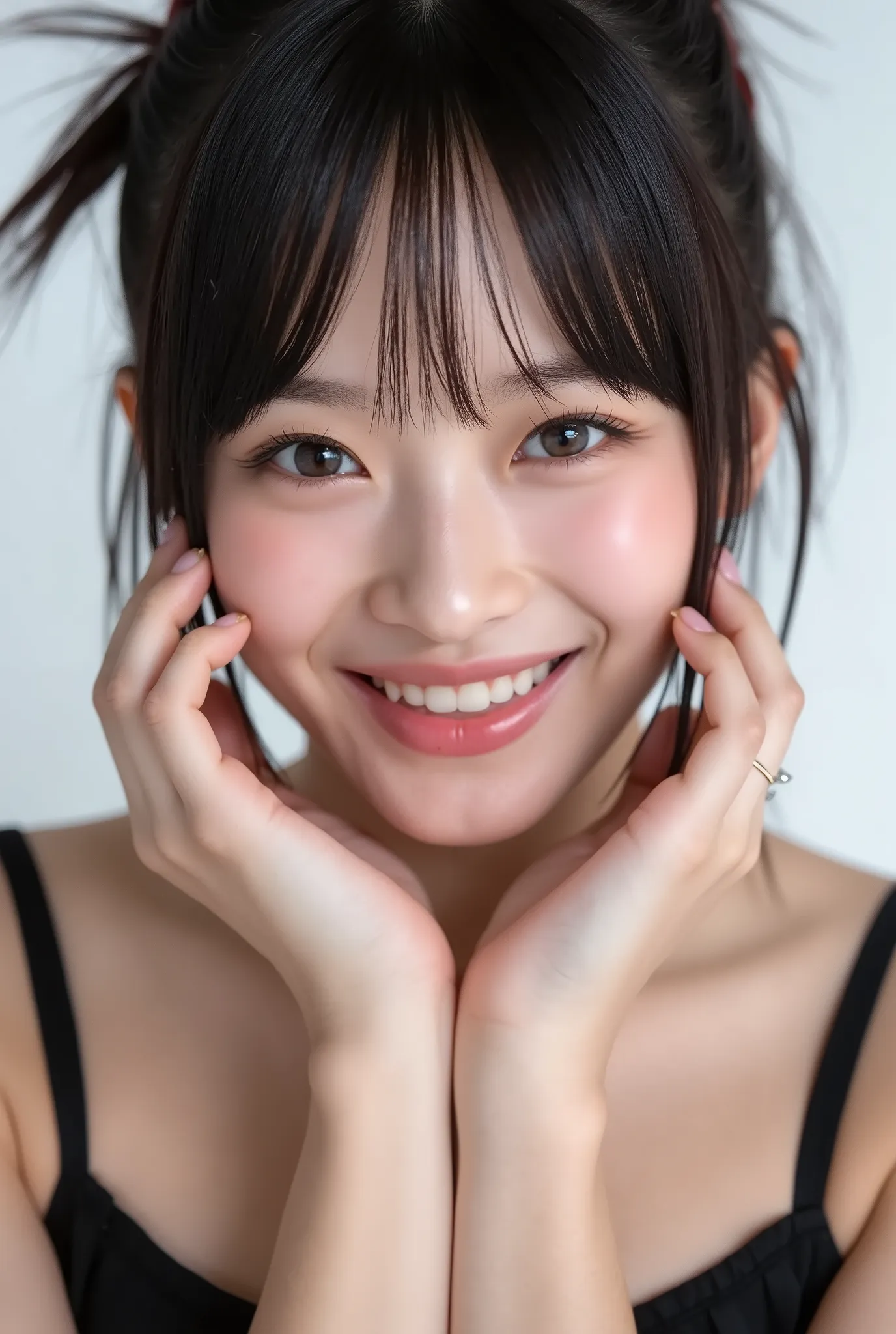 An extreme ultra close-up, hyperrealistic portrait of an overwhelmingly beautiful young Japanese woman, photographed in immaculate cinematic soft light. Her face fills 95% of the frame, captured in exquisite high-resolution with ultra-fine skin texture, vi...