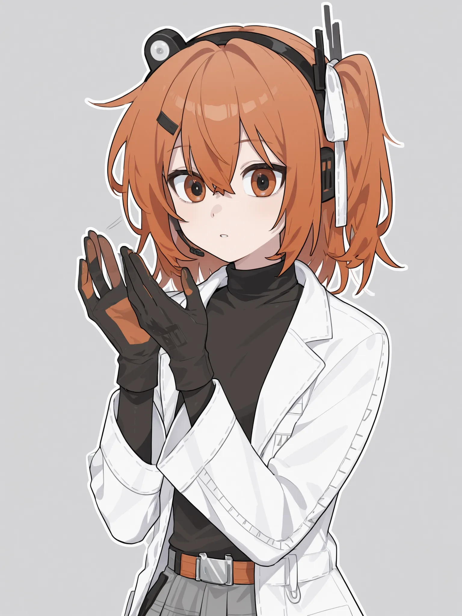 Adachi rei, utau, utauloid, high quality, perfect face, perfect quality, 4k, beautiful anatomy, beautiful hands, full height, slim, slim figure, adachi rei clothes, black tight turtleneck, grey skirt, white bathrobe, wires, black gloves  