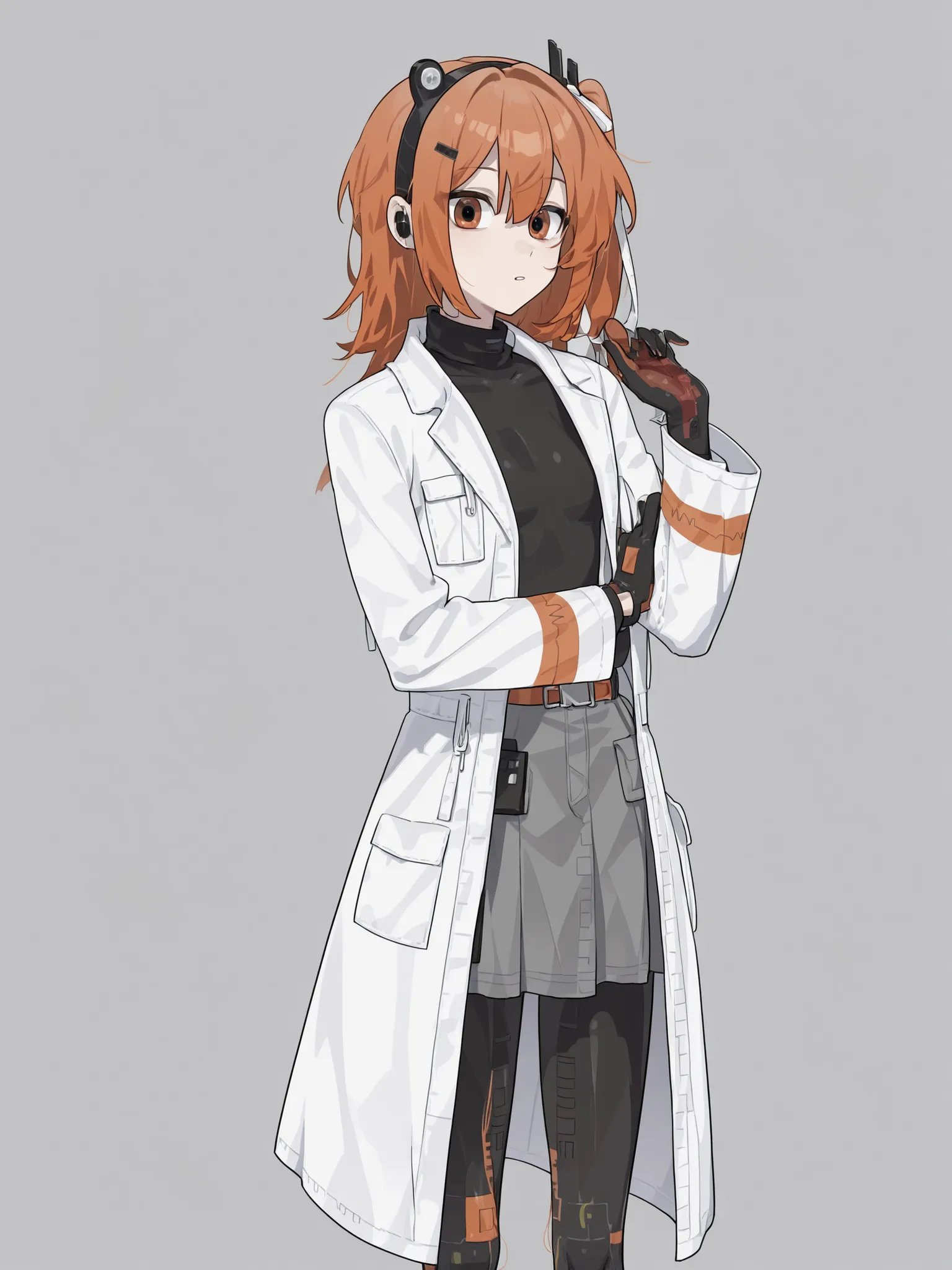 Adachi rei, utau, utauloid, high quality, perfect face, perfect quality, 4k, beautiful anatomy, full height, slim, slim figure, adachi rei clothes, black tight turtleneck, grey skirt, white bathrobe, wires, black gloves, pose